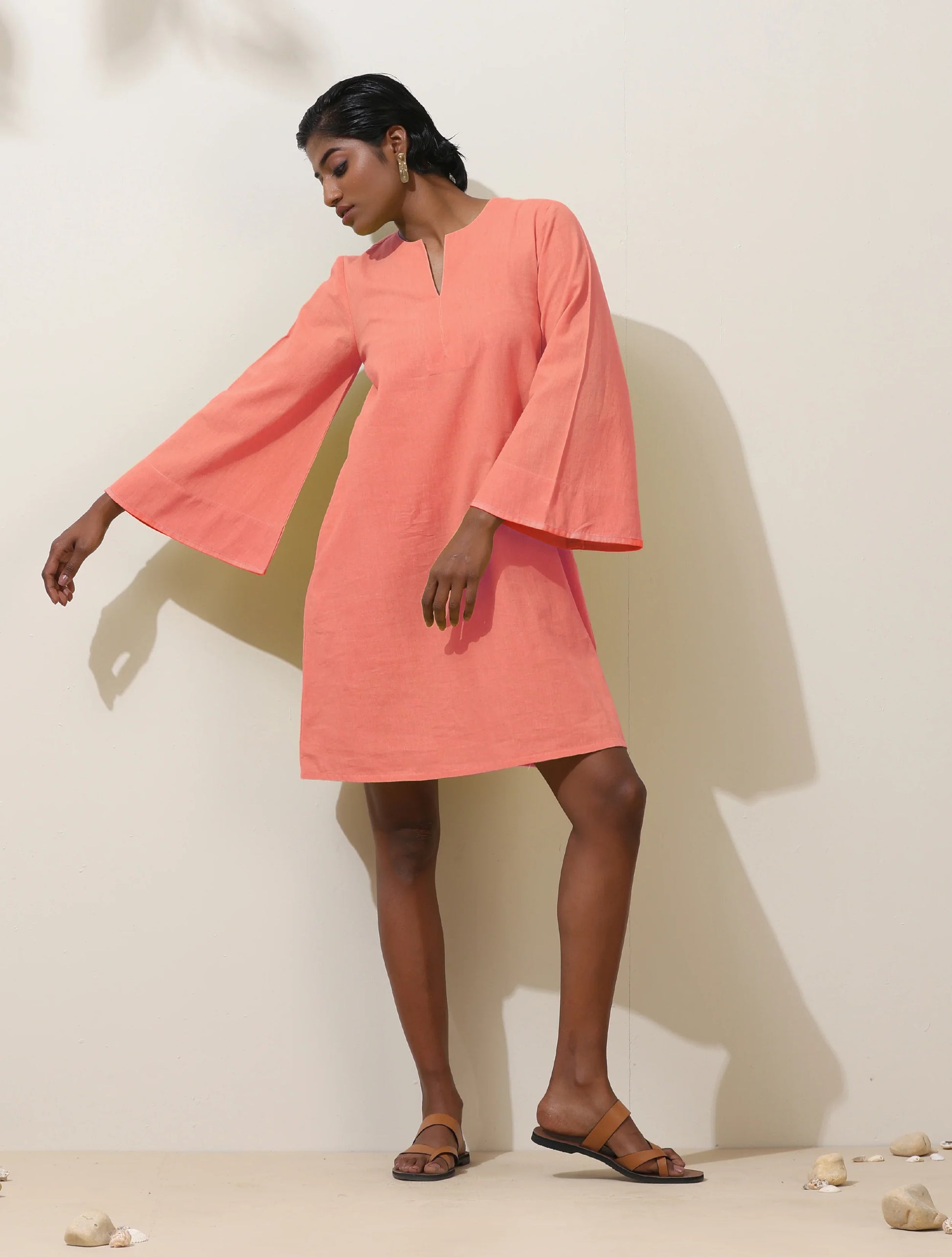 trueBrowns Pink Cotton Blend Short Dress | Swadesiicart