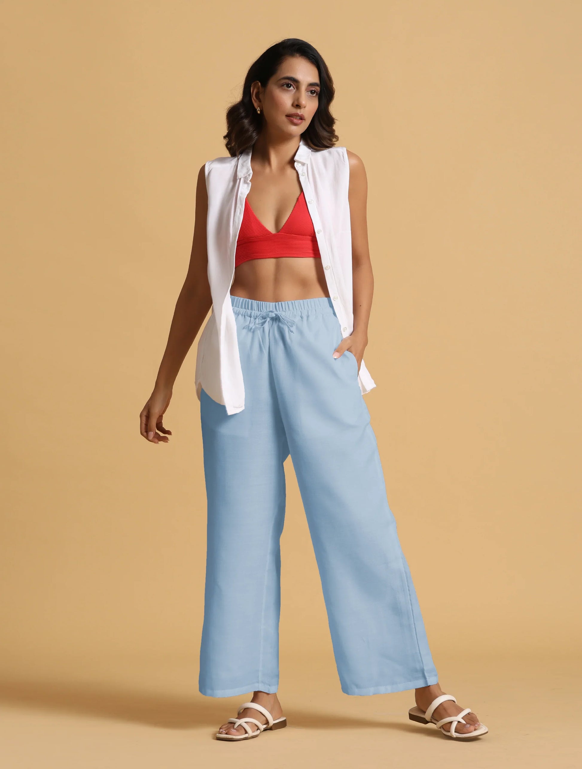 trueBrowns Light Blue Cotton Blend Straight Drawstring Pants | Swadesiicart