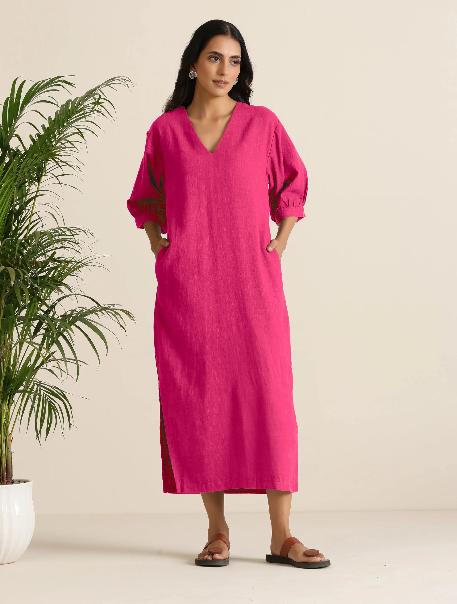 trueBrowns Hot Pink Cotton Blend Long Dress | Swadesiicart