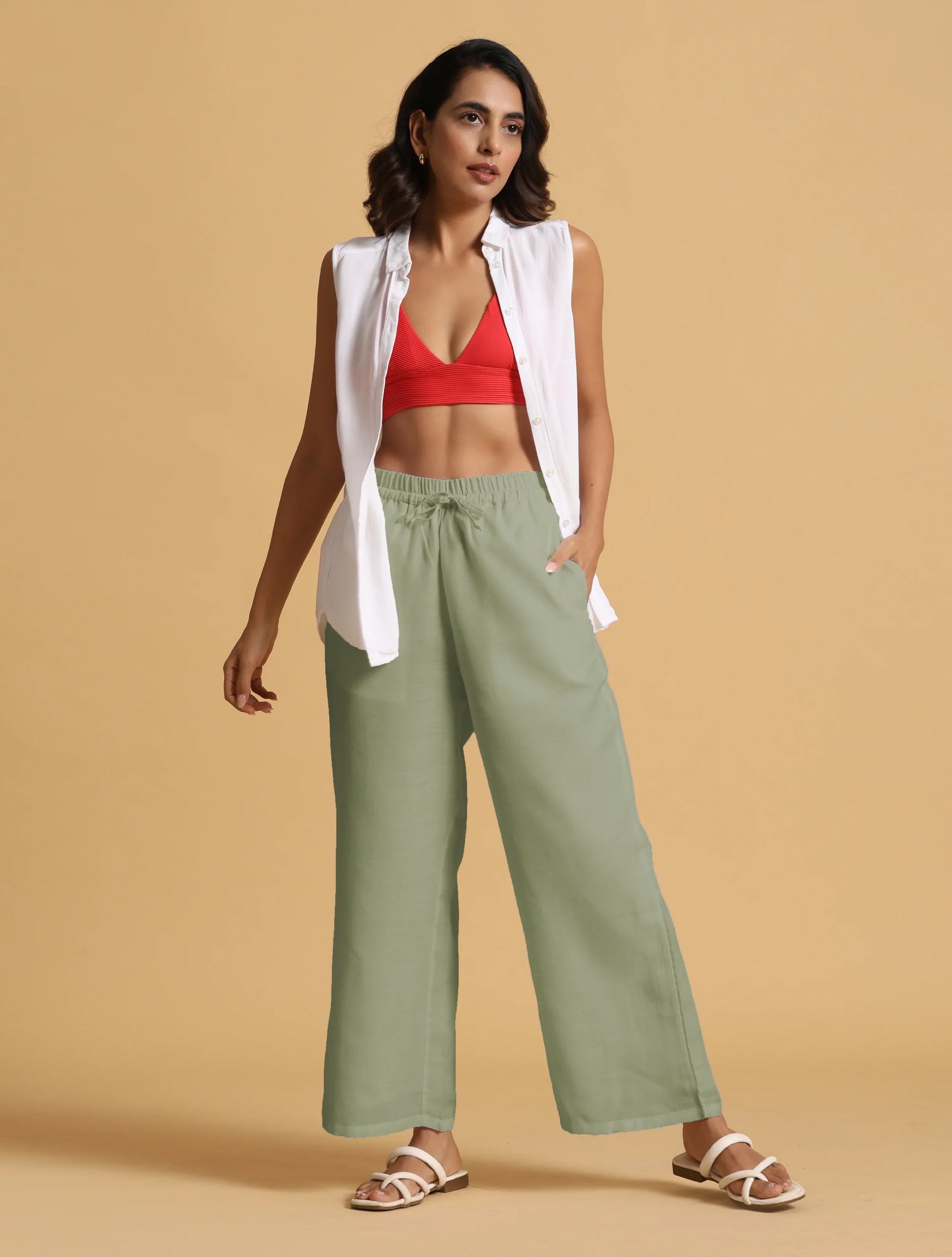 trueBrowns Mint Green Cotton Blend Elasticated Drawstring Straight Pants | Swadesiicart