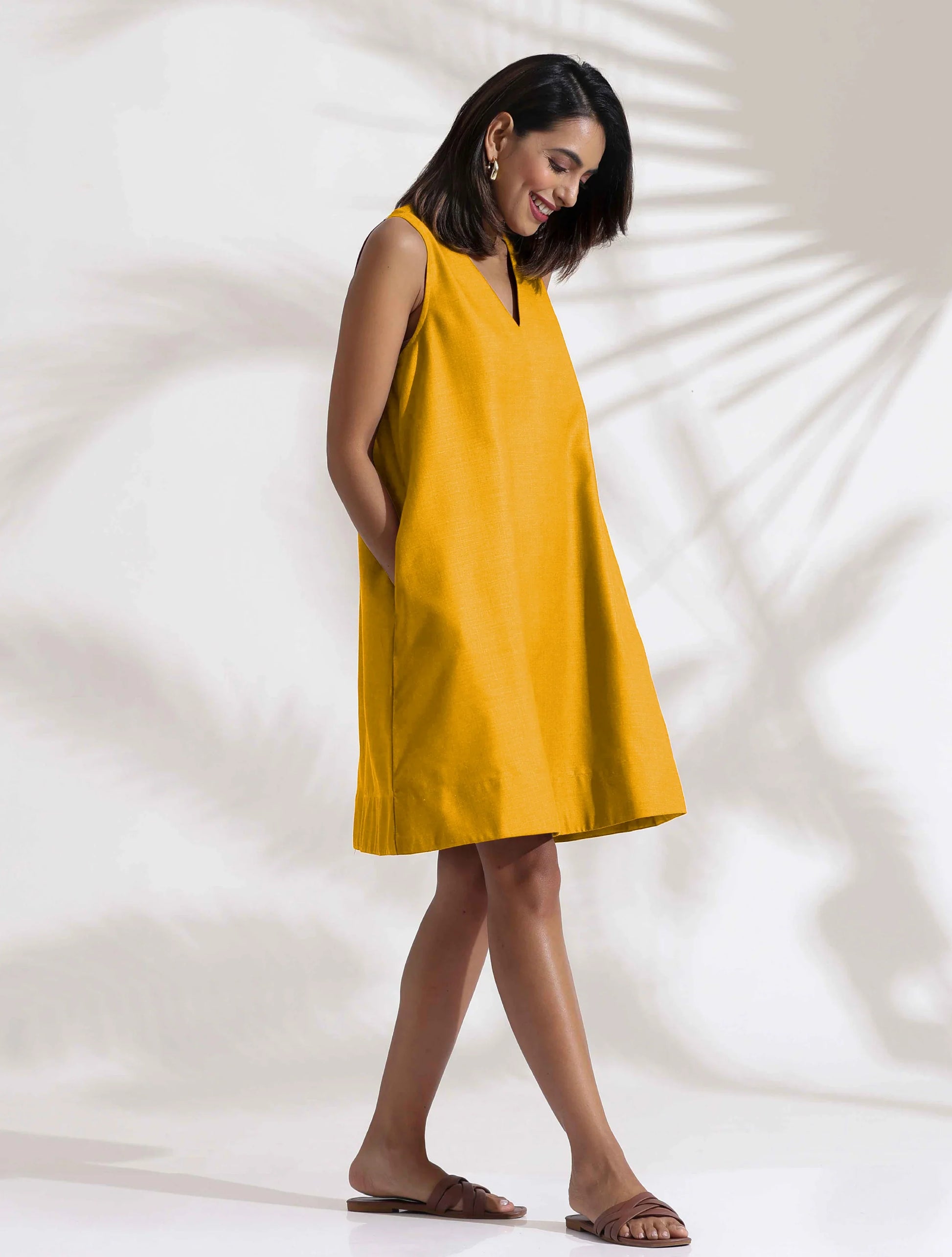 trueBrowns Mustard Cotton Blend Short Dress | Swadesiicart