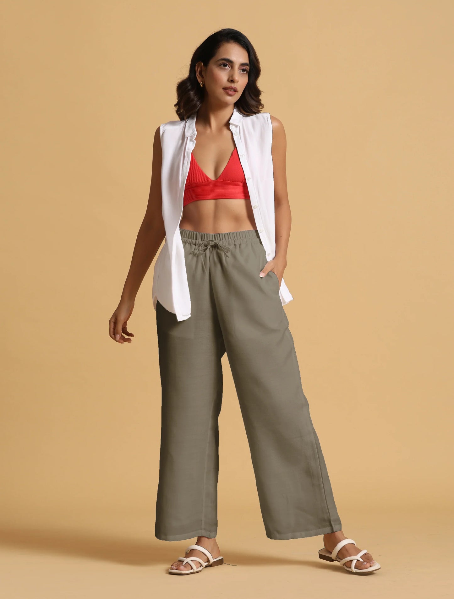 trueBrowns Olive Cotton Blend Elasticated Drawstring Straight Pants | Swadesiicart