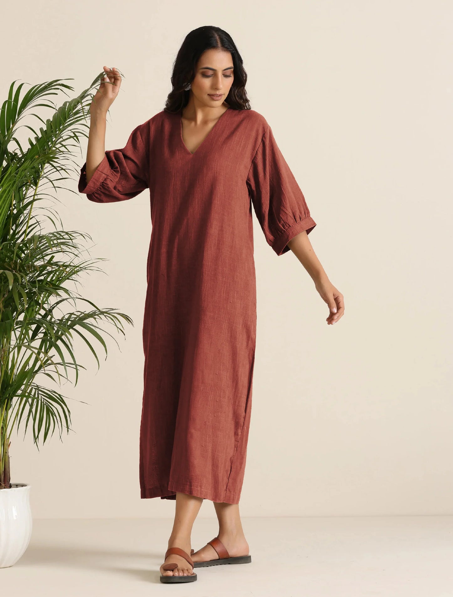 trueBrowns Rust Pink Cotton Blend Long Dress | Swadesiicart