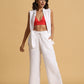 trueBrowns White Cotton Blend Elasticated Drawstring Straight Pants | Swadesiicart