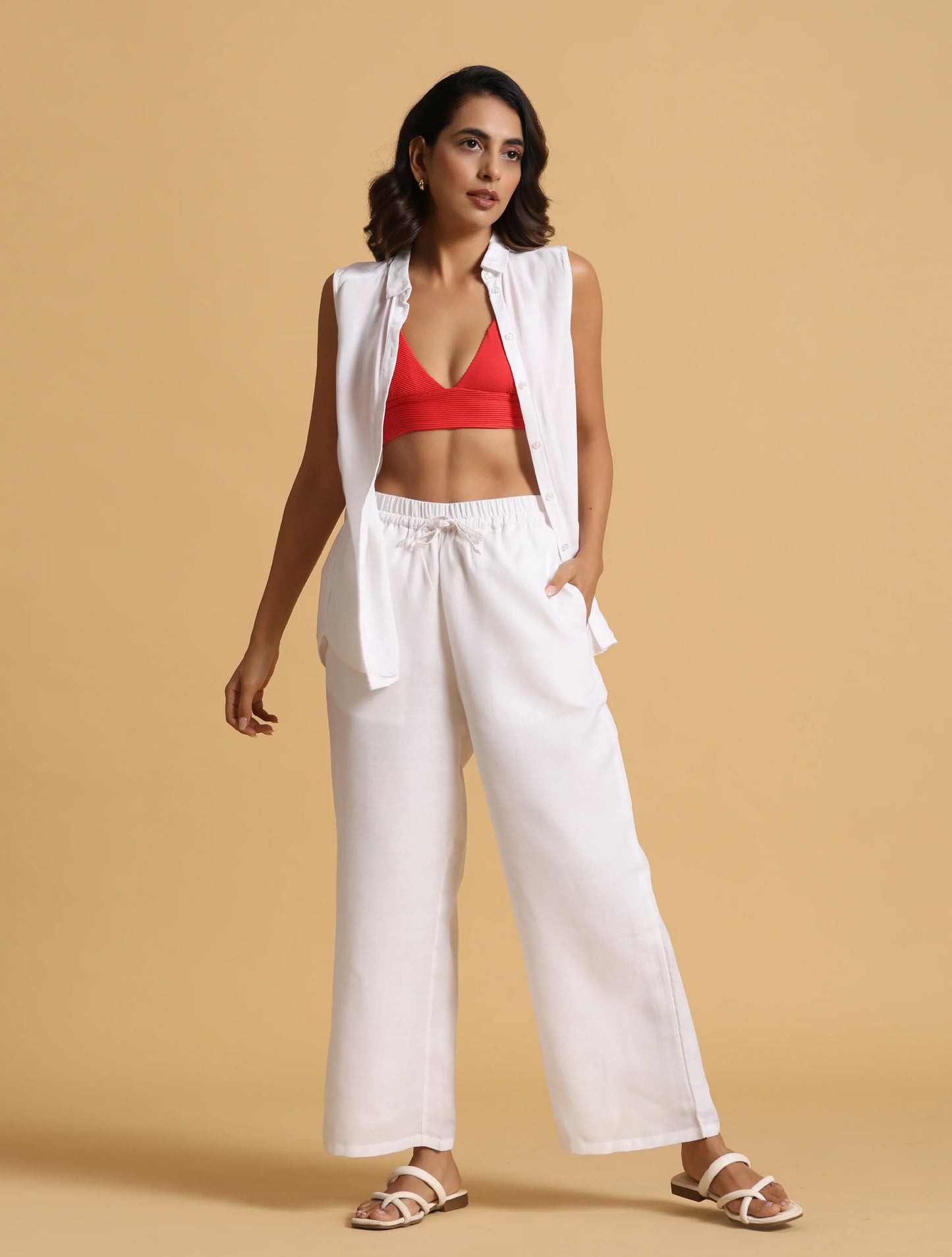 trueBrowns White Cotton Blend Elasticated Drawstring Straight Pants | Swadesiicart