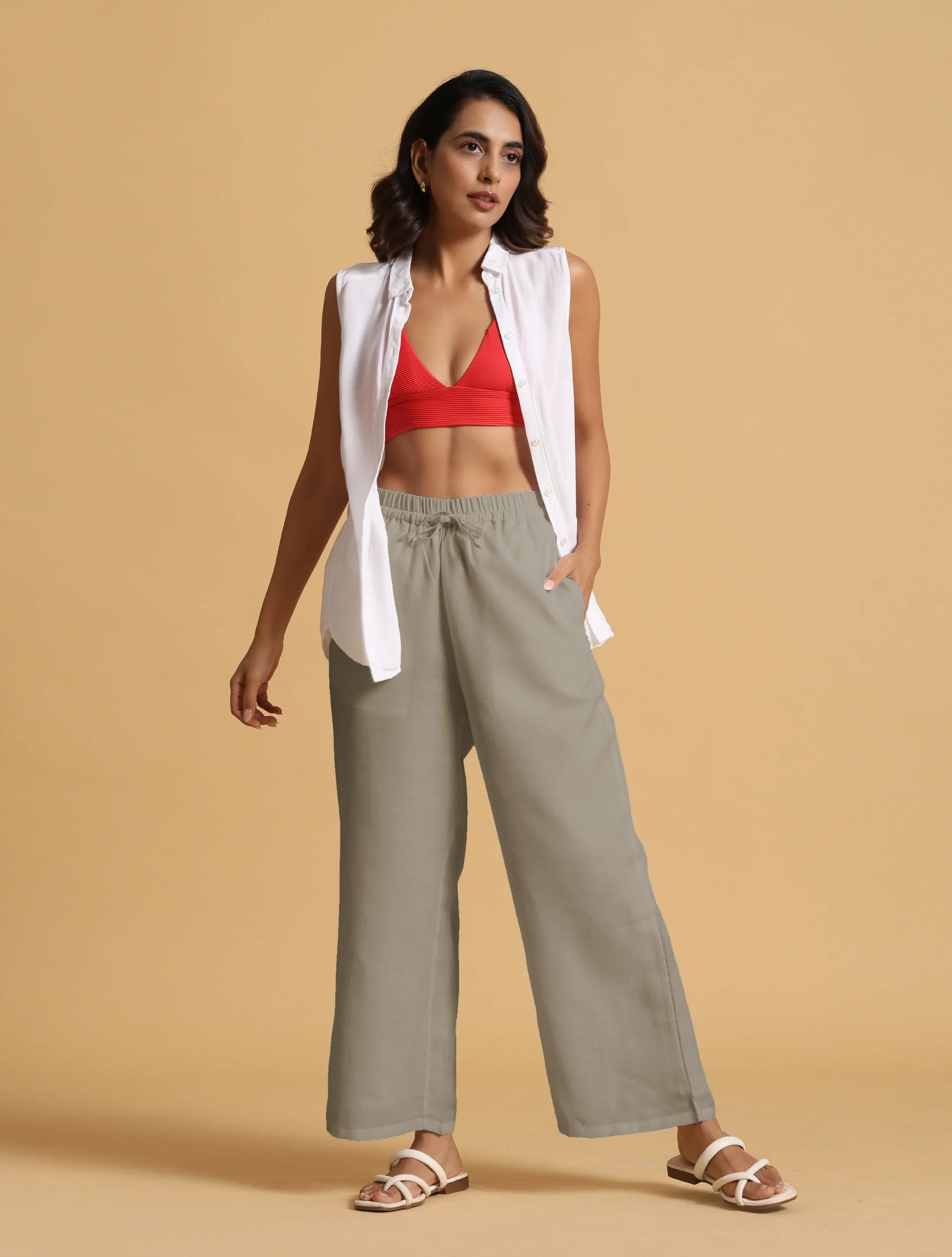 trueBrowns Grey Cotton Blend Elasticated Drawstring Straight Pants | Swadesiicart