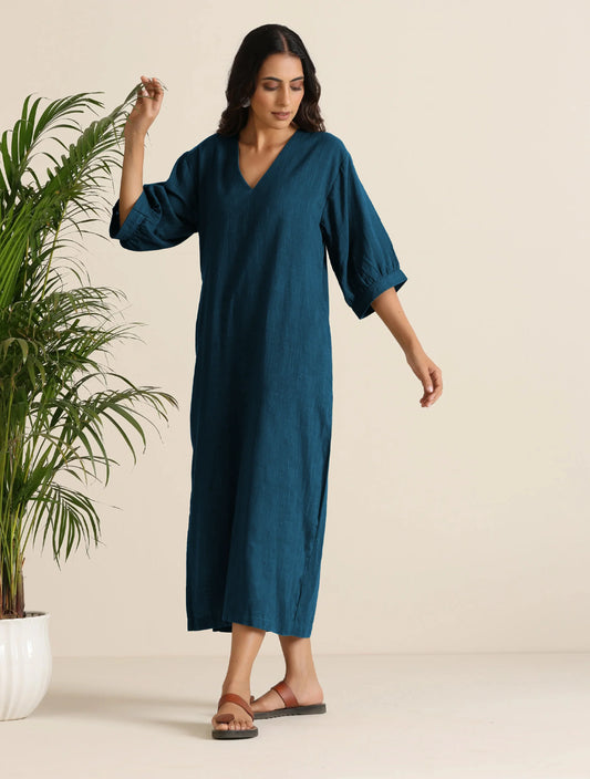 trueBrowns Blue Cotton Blend Long Dress | Swadesiicart