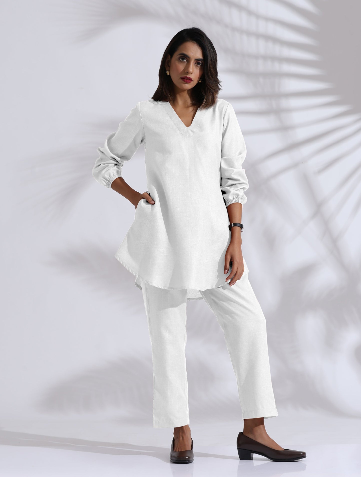 trueBrowns White Cotton Blend Co-ord Set - Swadesiicart