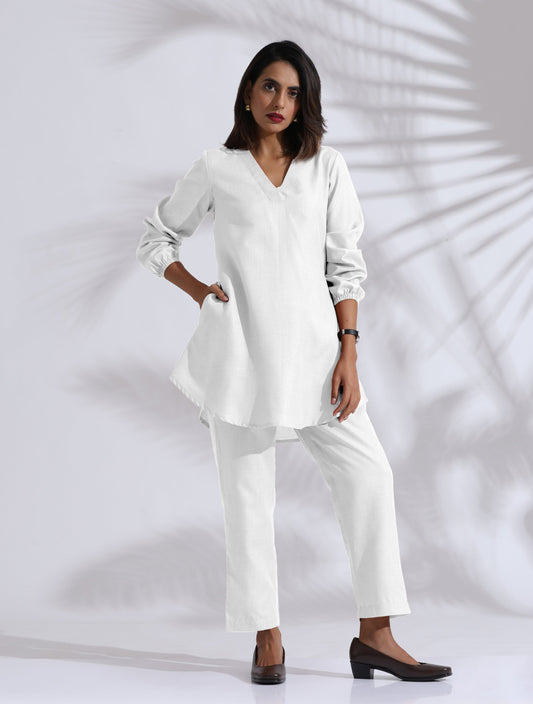 trueBrowns White Cotton Blend Co-ord Set - Swadesiicart