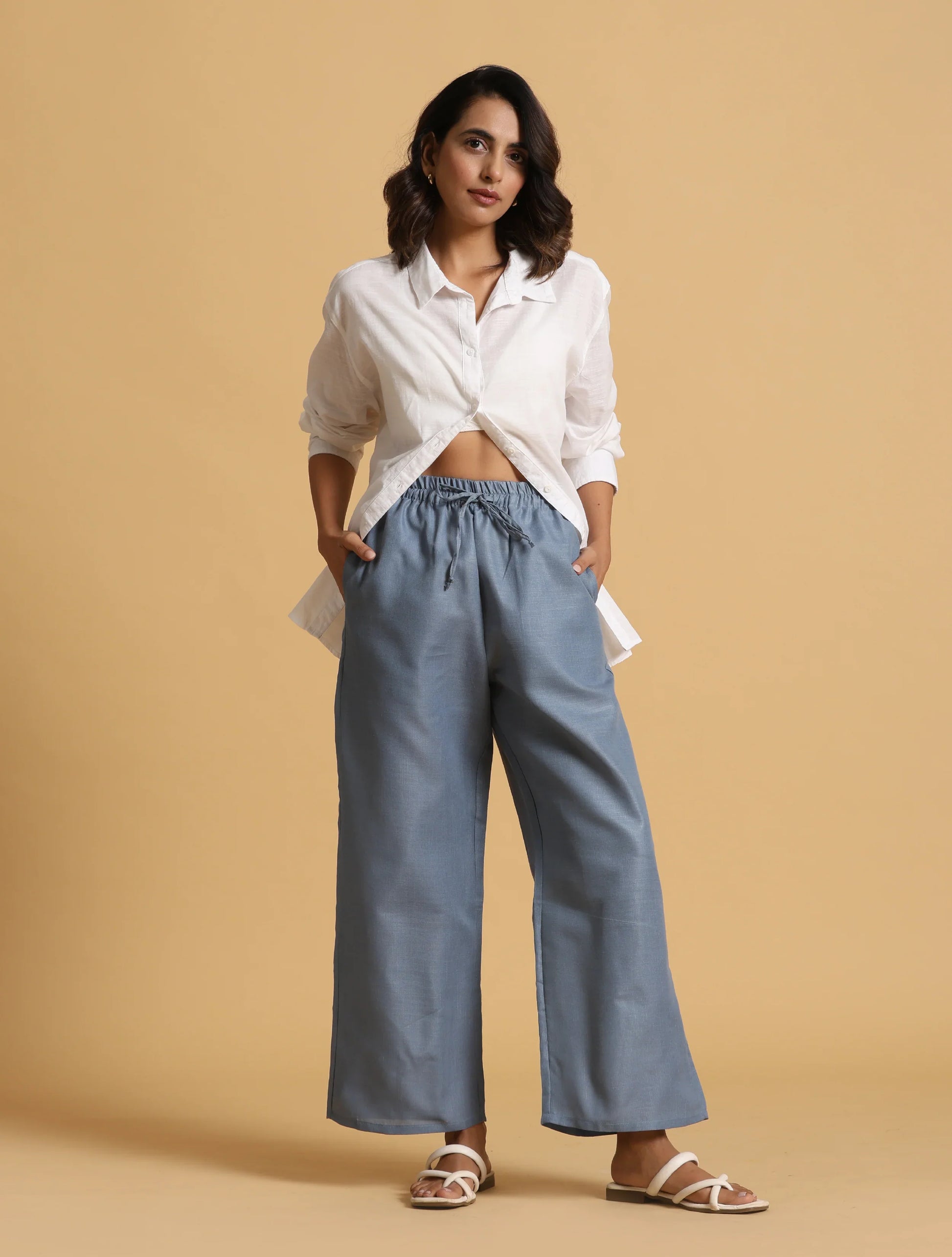 trueBrowns Blue Cotton Blend Elasticated Drawstring Straight Pants | Swadesiicart
