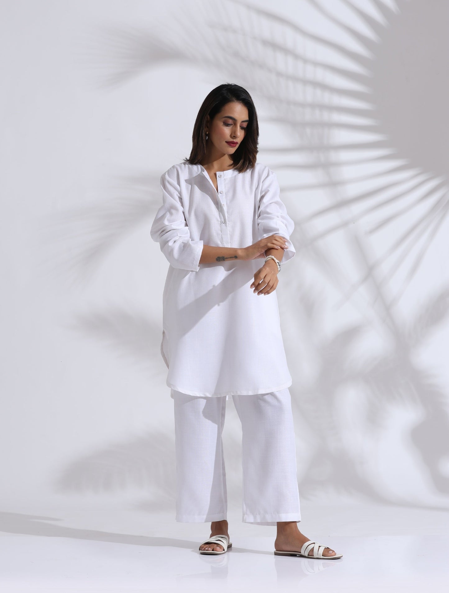 trueBrowns White Slub Kurta Co-ord Set - Swadesiicart