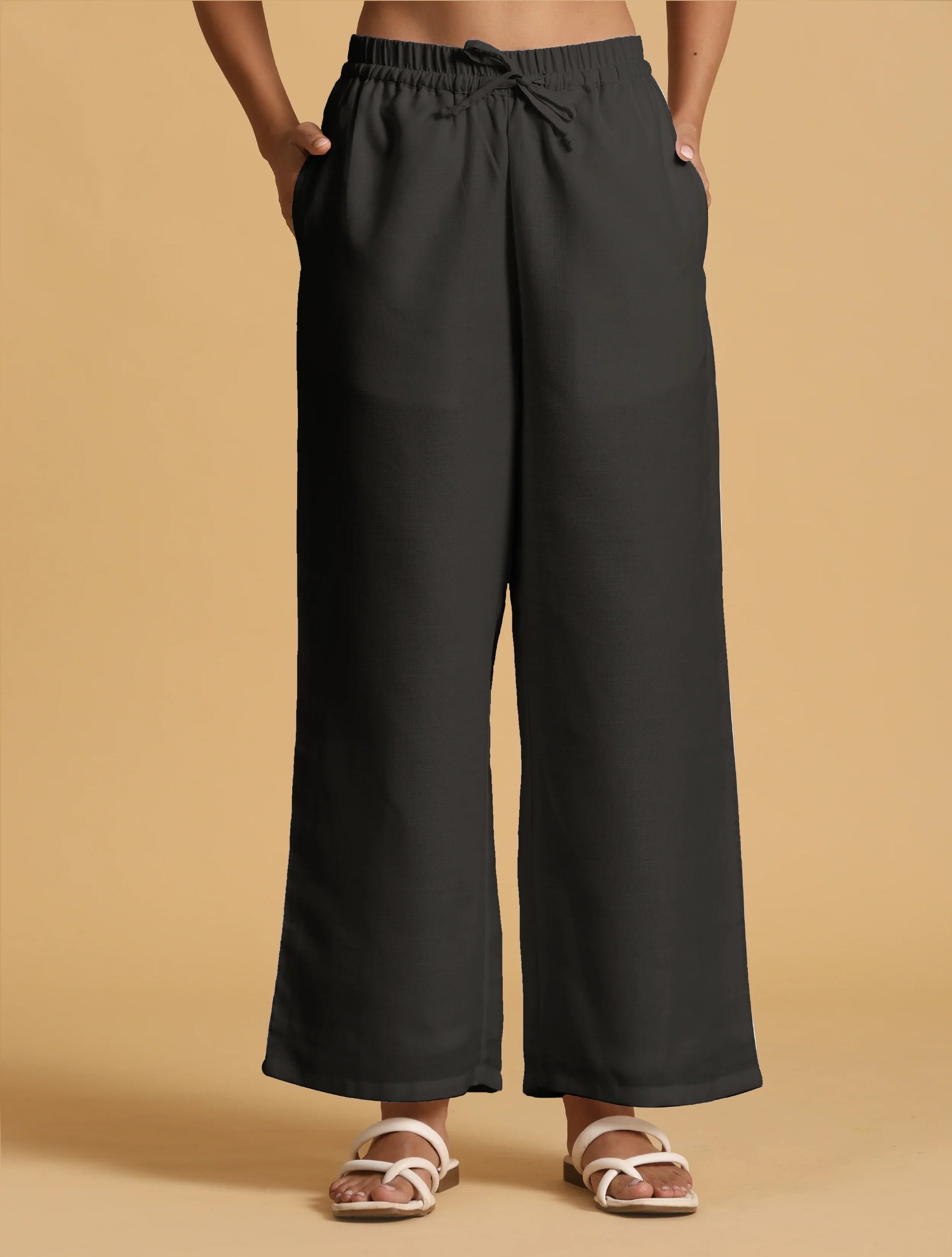 trueBrowns Black Cotton Blend Elasticated Drawstring Straight Pants | Swadesiicart