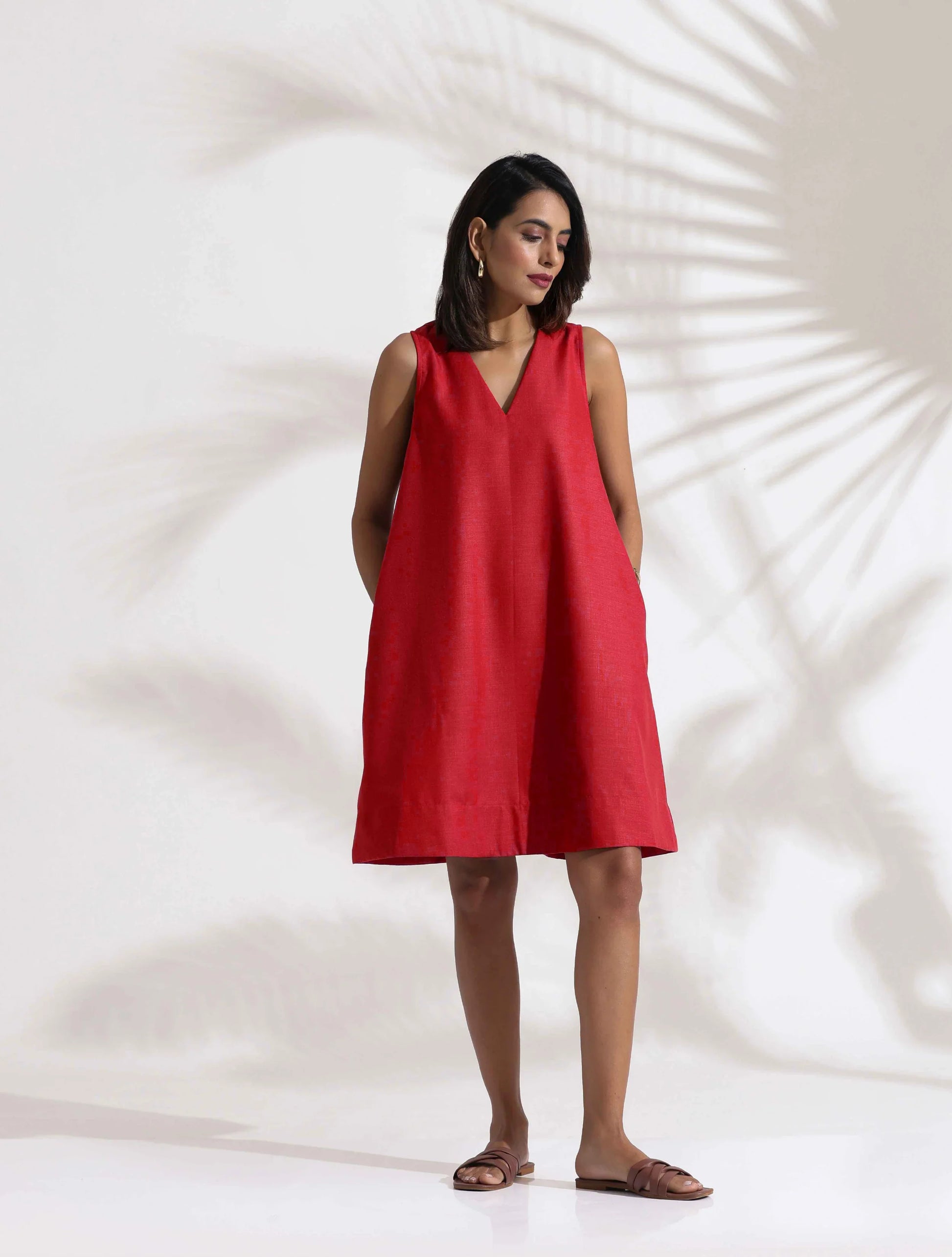 trueBrowns Red Cotton Blend Short Dress | Swadesiicart