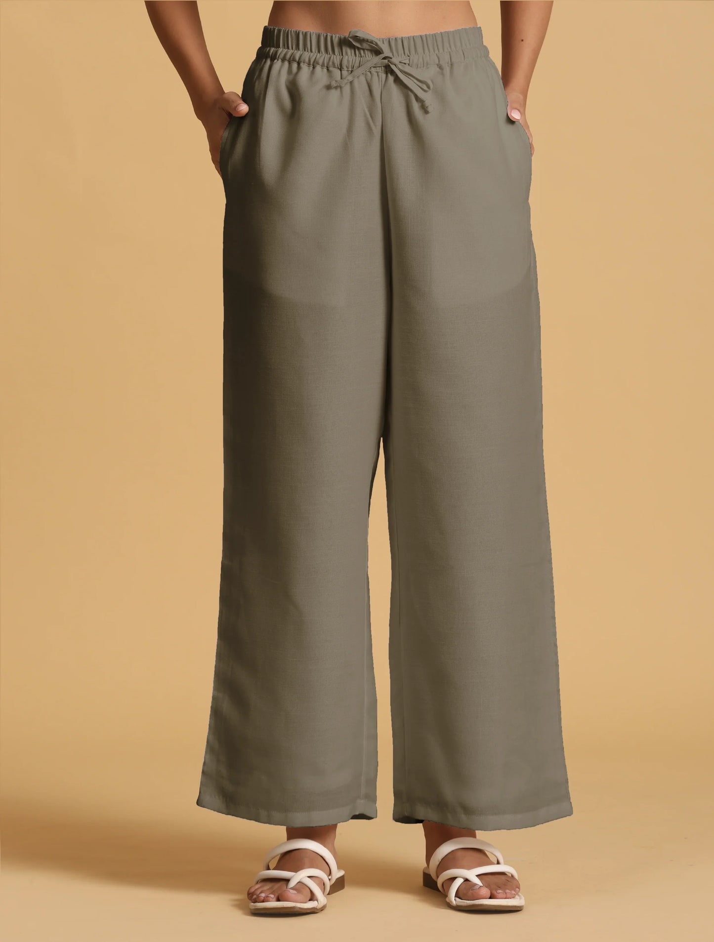 trueBrowns Olive Cotton Blend Elasticated Drawstring Straight Pants | Swadesiicart
