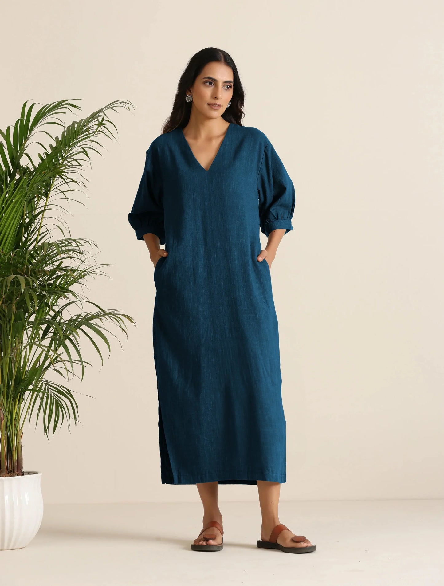 trueBrowns Blue Cotton Blend Long Dress | Swadesiicart