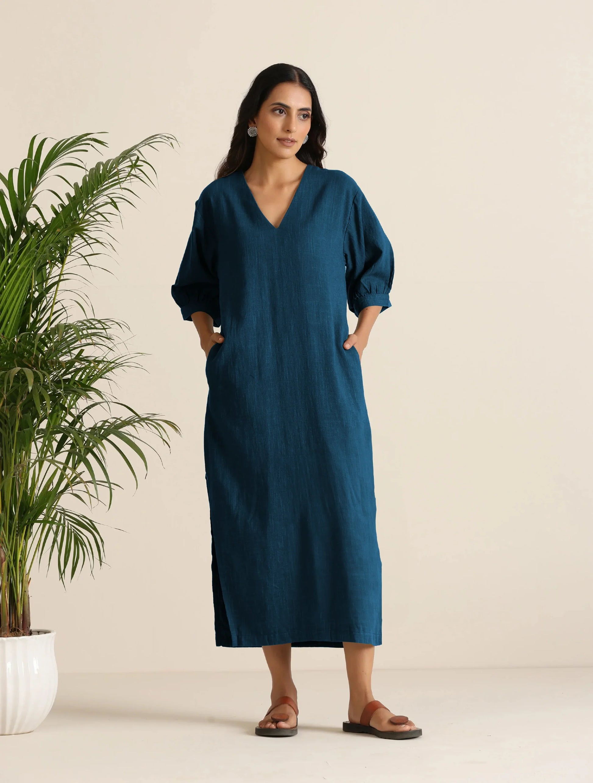 trueBrowns Blue Cotton Blend Long Dress | Swadesiicart