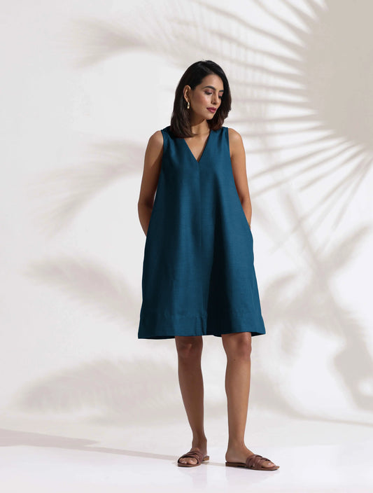 trueBrowns Dark Blue Cotton Blend Short Dress | Swadesiicart