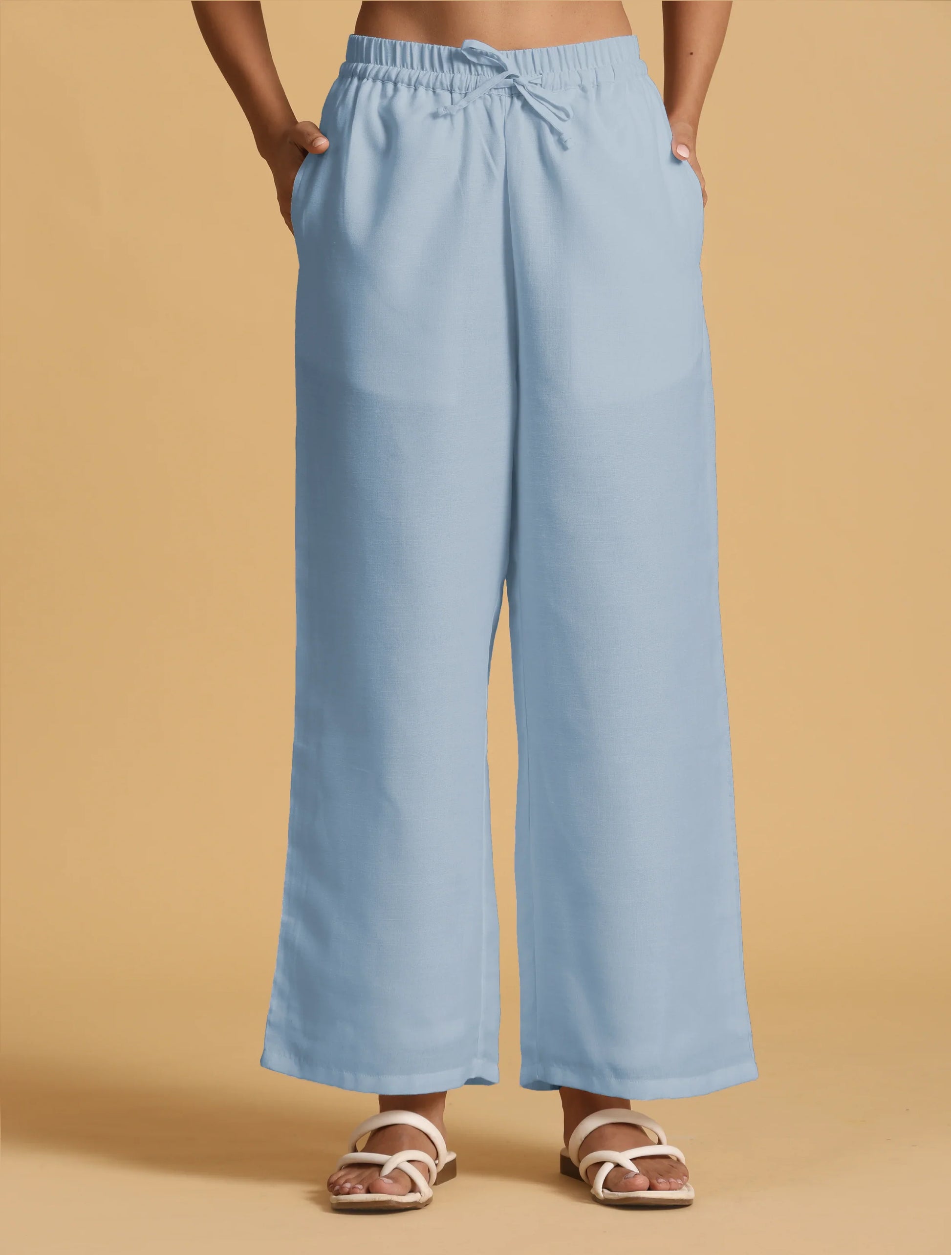 trueBrowns Light Blue Cotton Blend Straight Drawstring Pants | Swadesiicart
