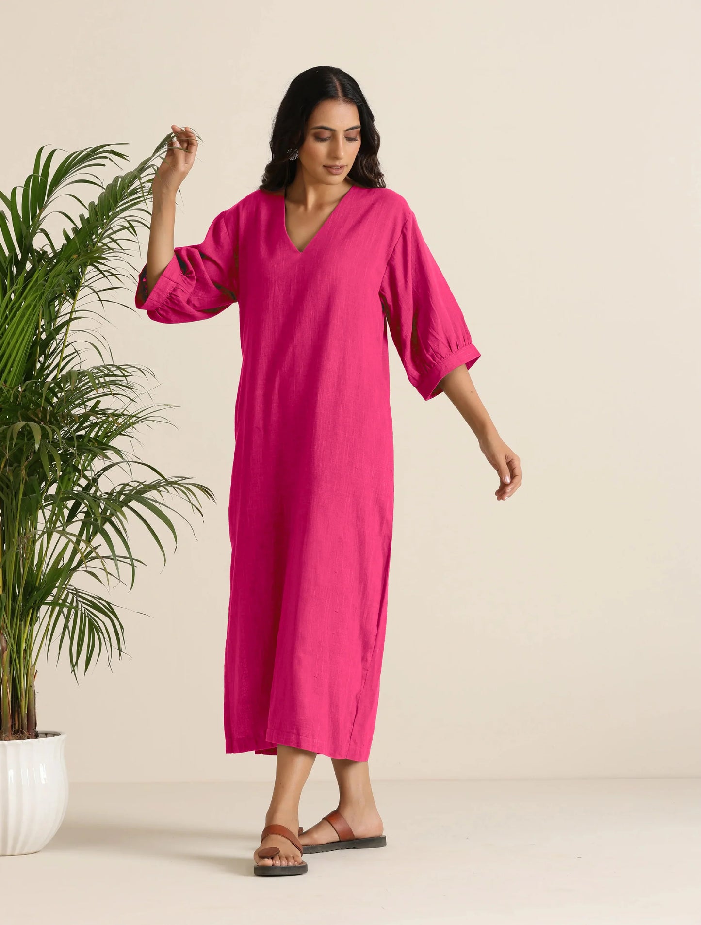 trueBrowns Hot Pink Cotton Blend Long Dress | Swadesiicart