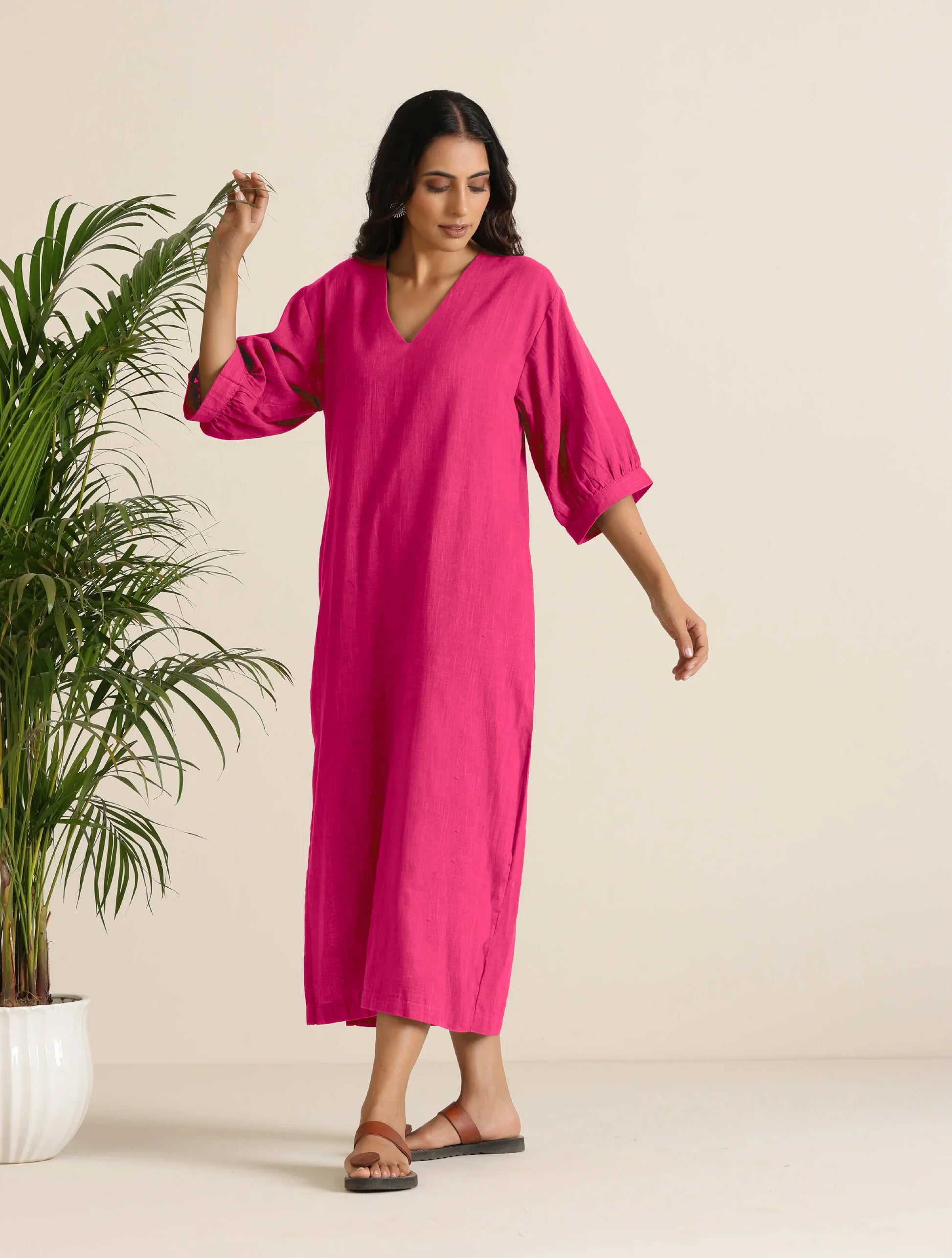 trueBrowns Hot Pink Cotton Blend Long Dress | Swadesiicart