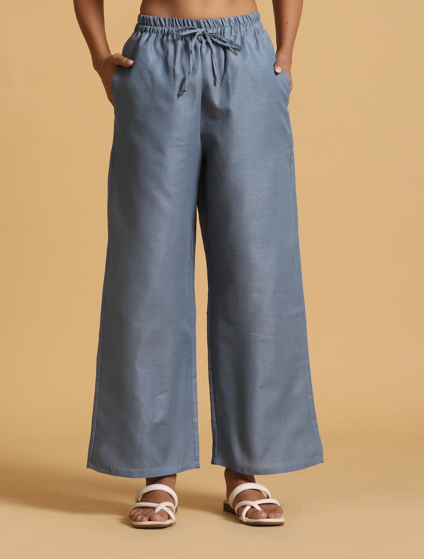 trueBrowns Blue Cotton Blend Elasticated Drawstring Straight Pants | Swadesiicart