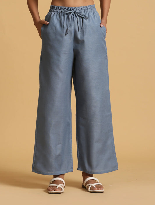 trueBrowns Blue Cotton Blend Elasticated Drawstring Straight Pants | Swadesiicart