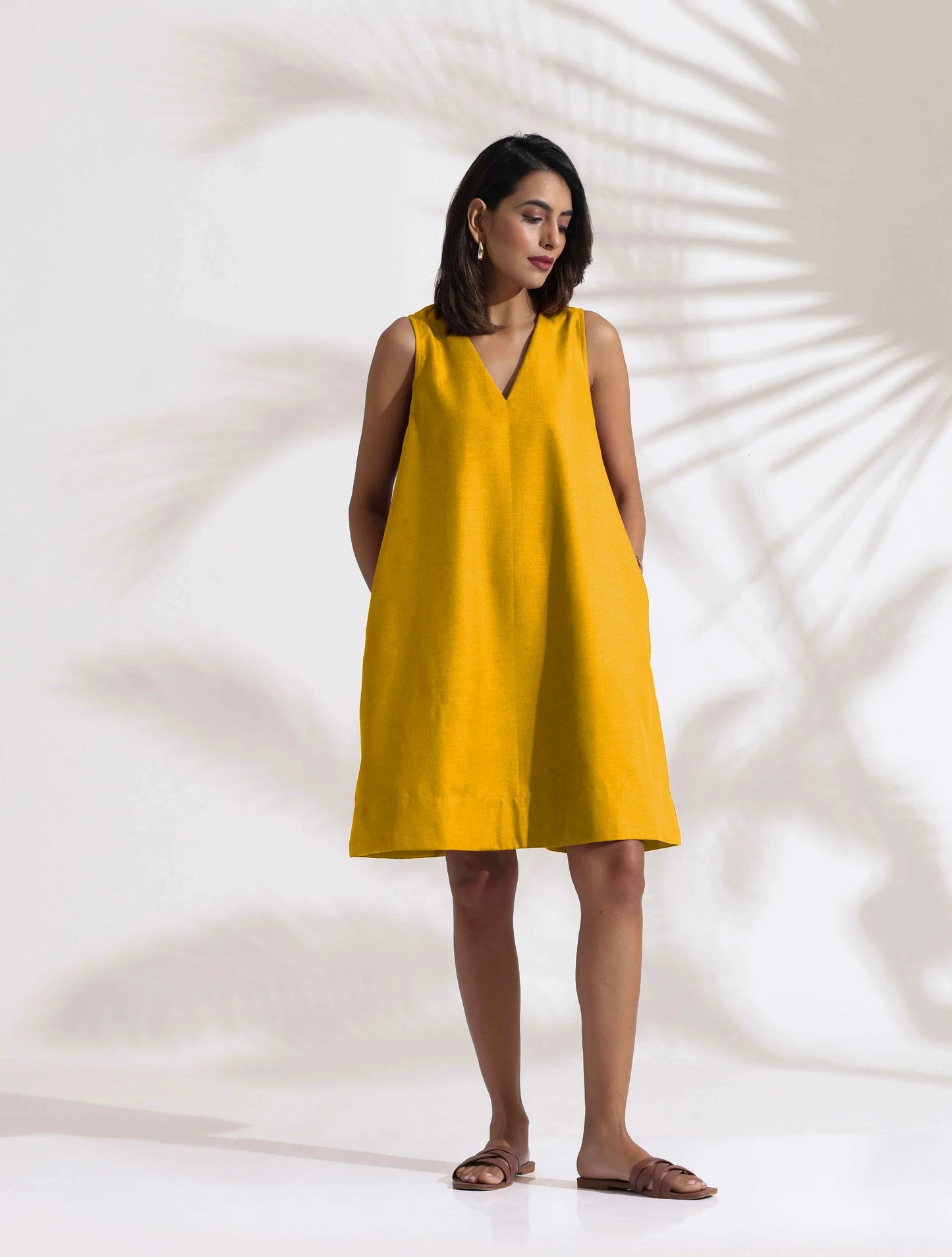 trueBrowns Mustard Cotton Blend Short Dress | Swadesiicart
