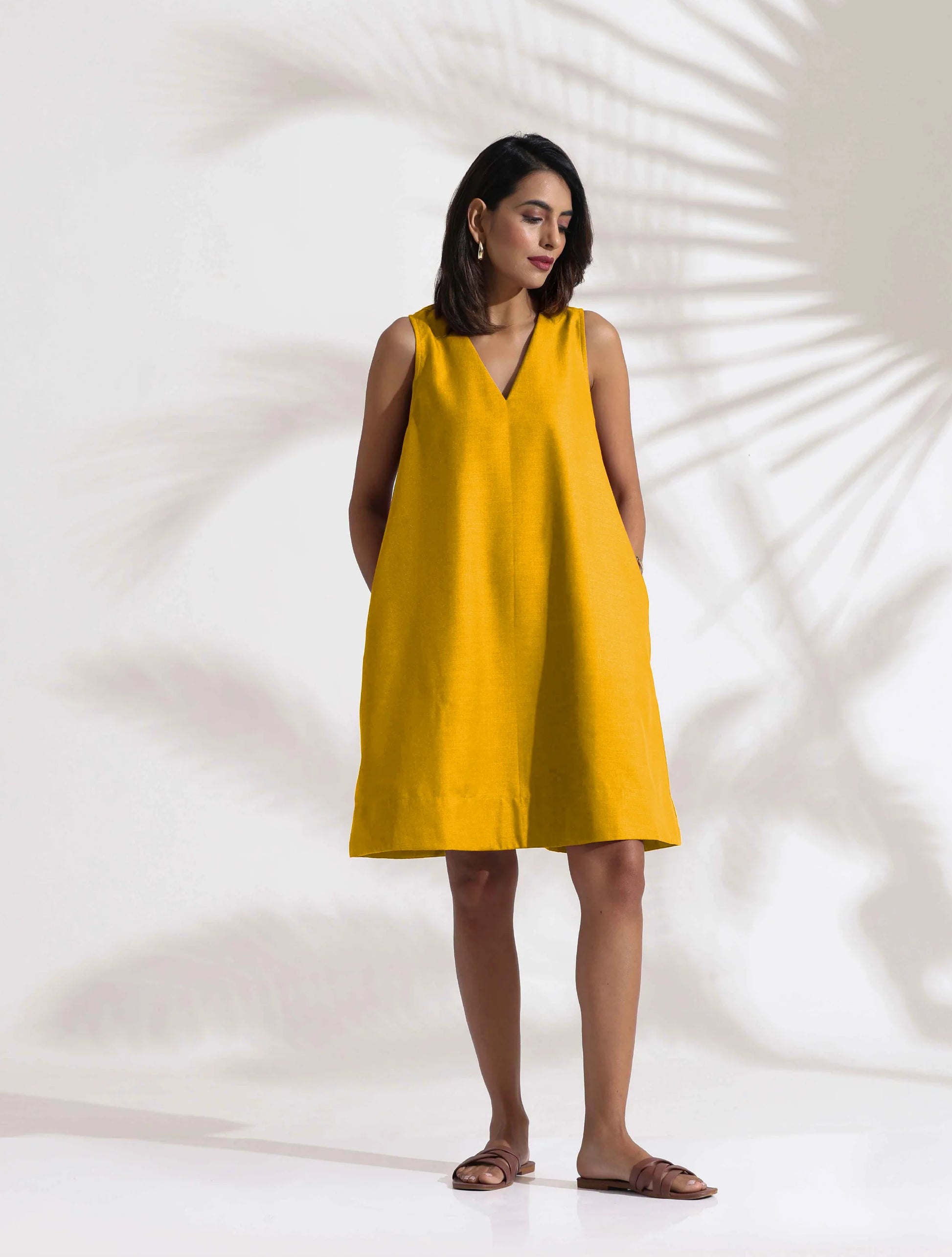 trueBrowns Mustard Cotton Blend Short Dress | Swadesiicart