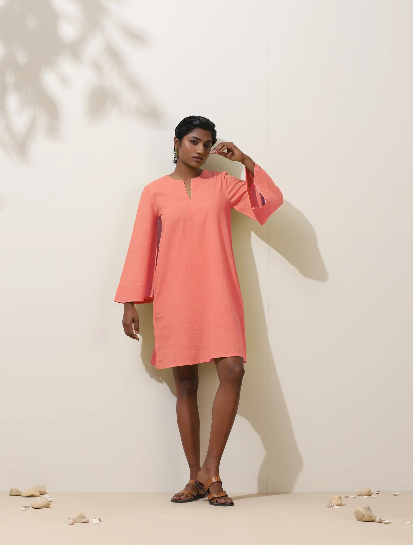 trueBrowns Pink Cotton Blend Short Dress | Swadesiicart