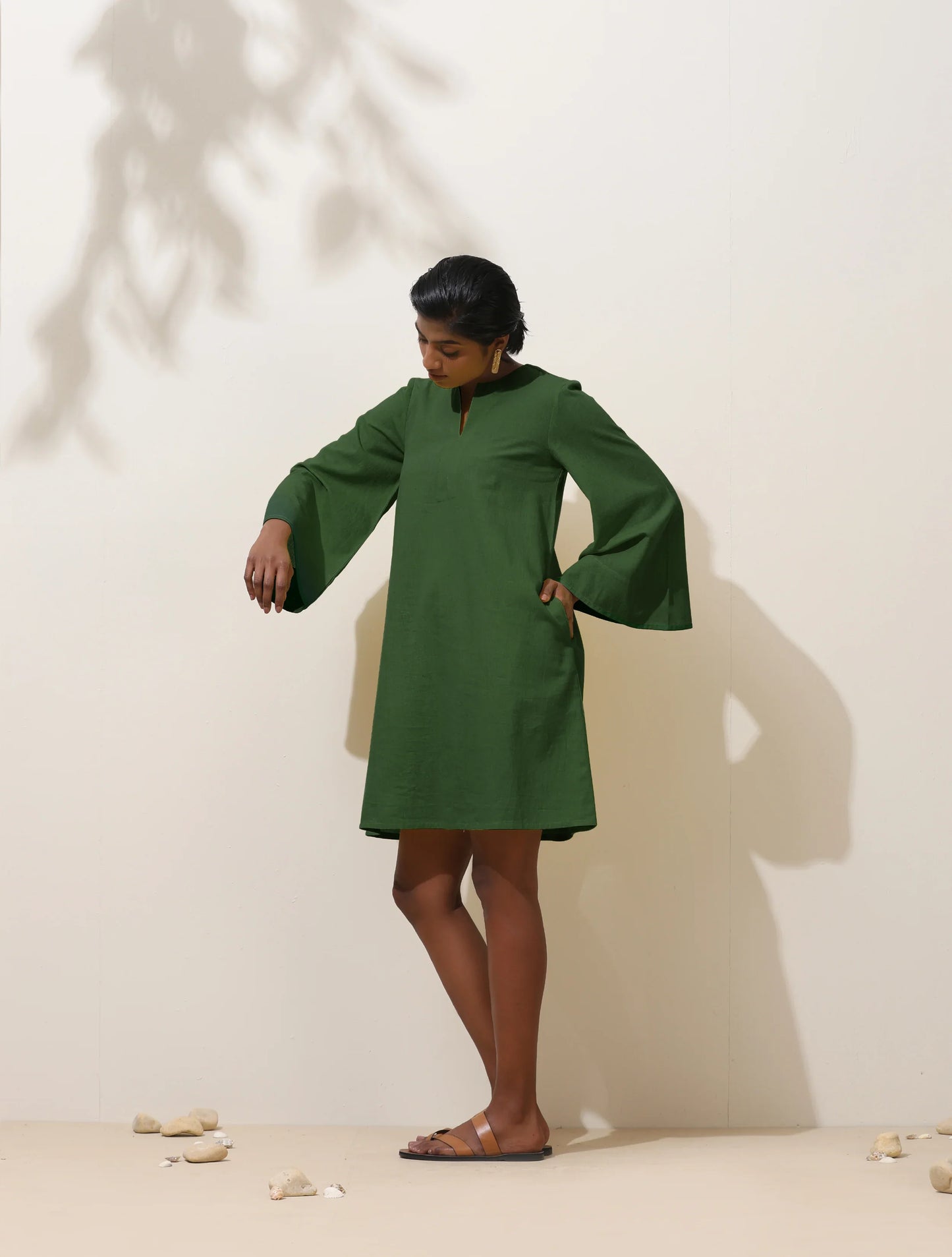 trueBrowns Green Cotton Blend Short Dress | Swadesiicart