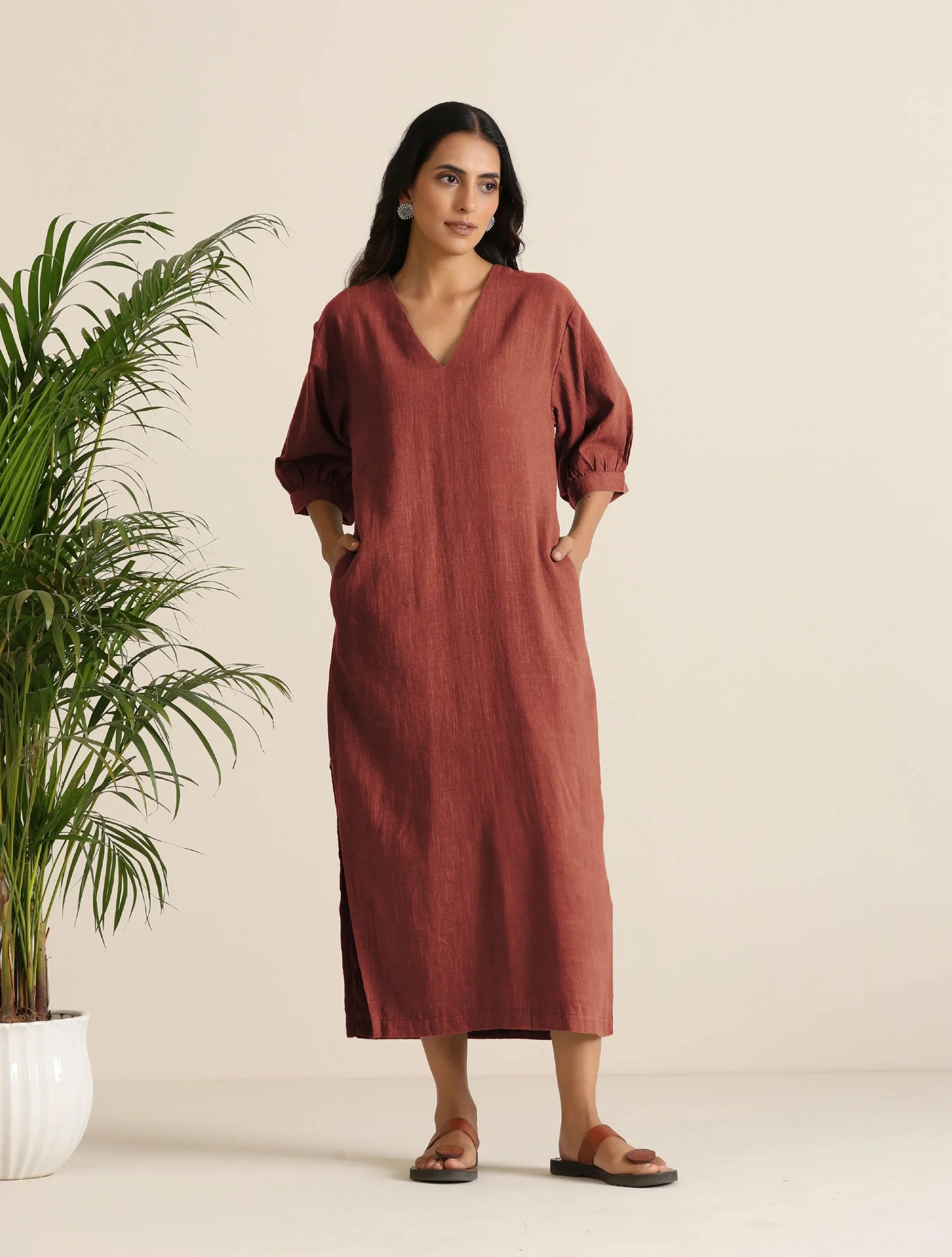 trueBrowns Rust Pink Cotton Blend Long Dress | Swadesiicart