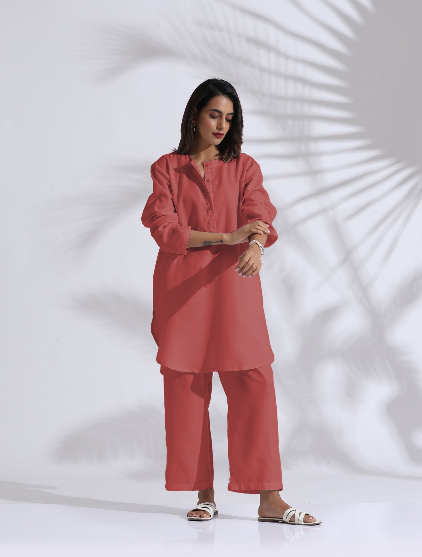 trueBrowns Pink Cotton Blend Pleated Kurta Co-ord Set - Swadesiicart