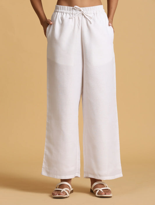 trueBrowns White Cotton Blend Elasticated Drawstring Straight Pants | Swadesiicart