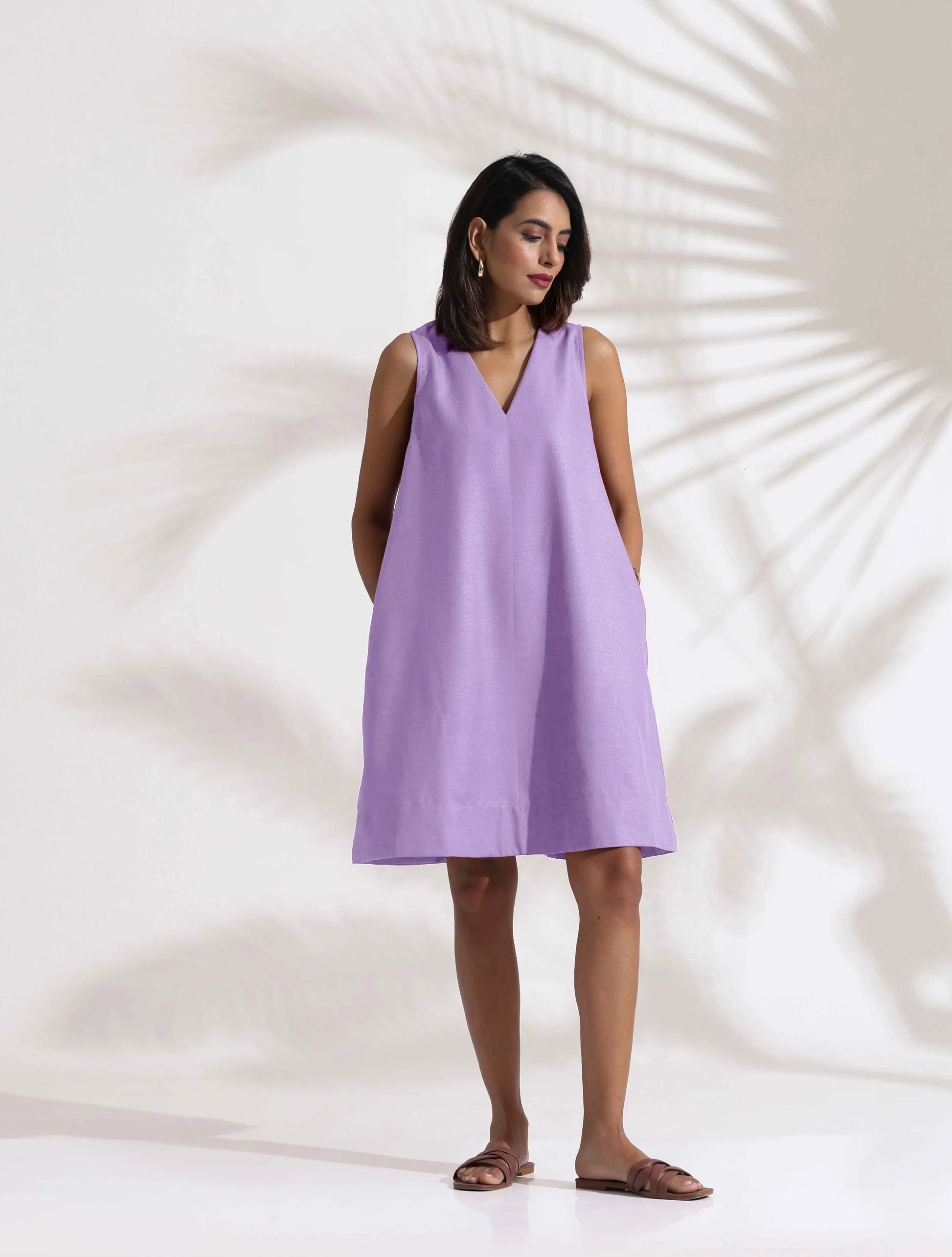 trueBrowns Lilac Cotton Blend Short Dress | Swadesiicart
