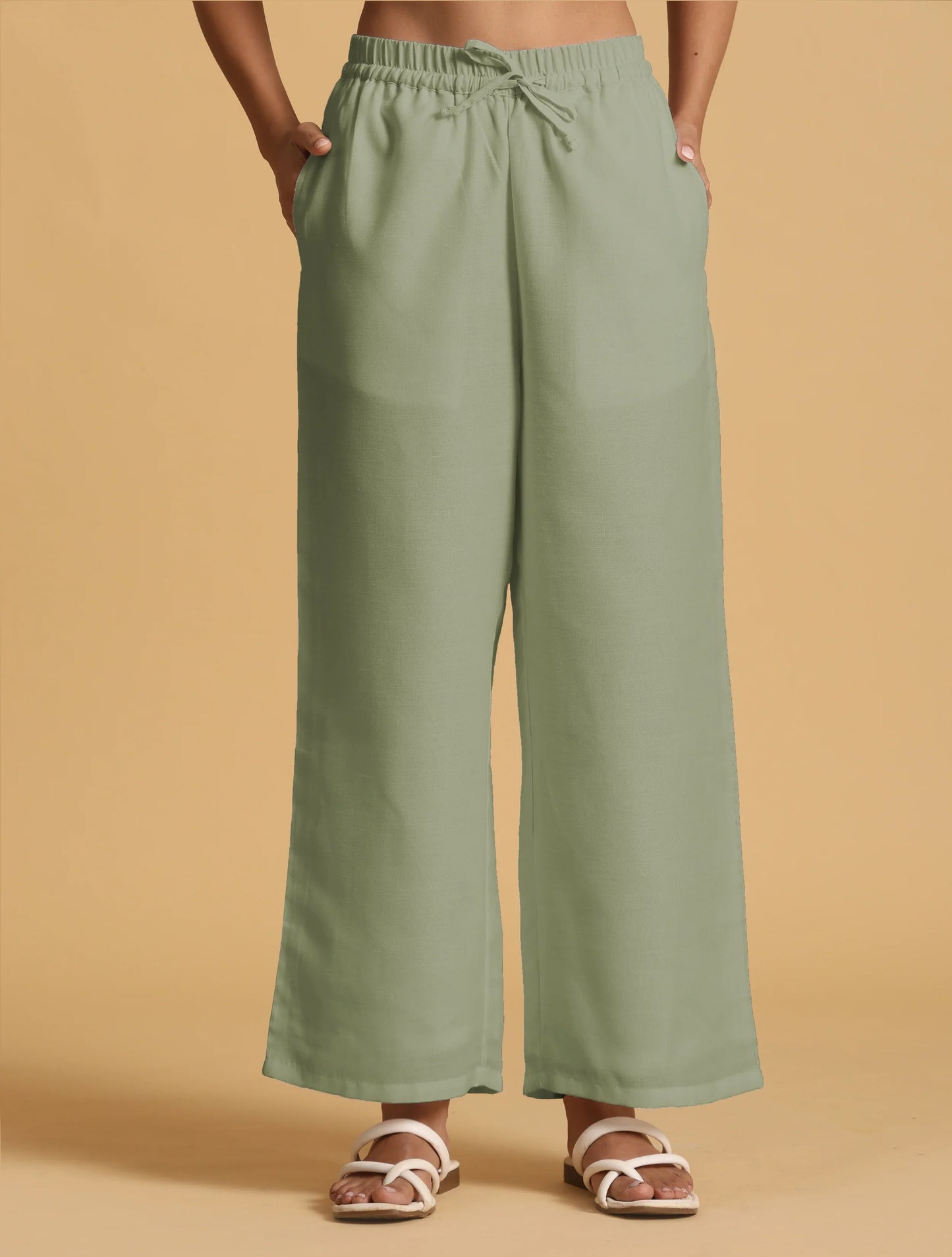 trueBrowns Mint Green Cotton Blend Elasticated Drawstring Straight Pants | Swadesiicart