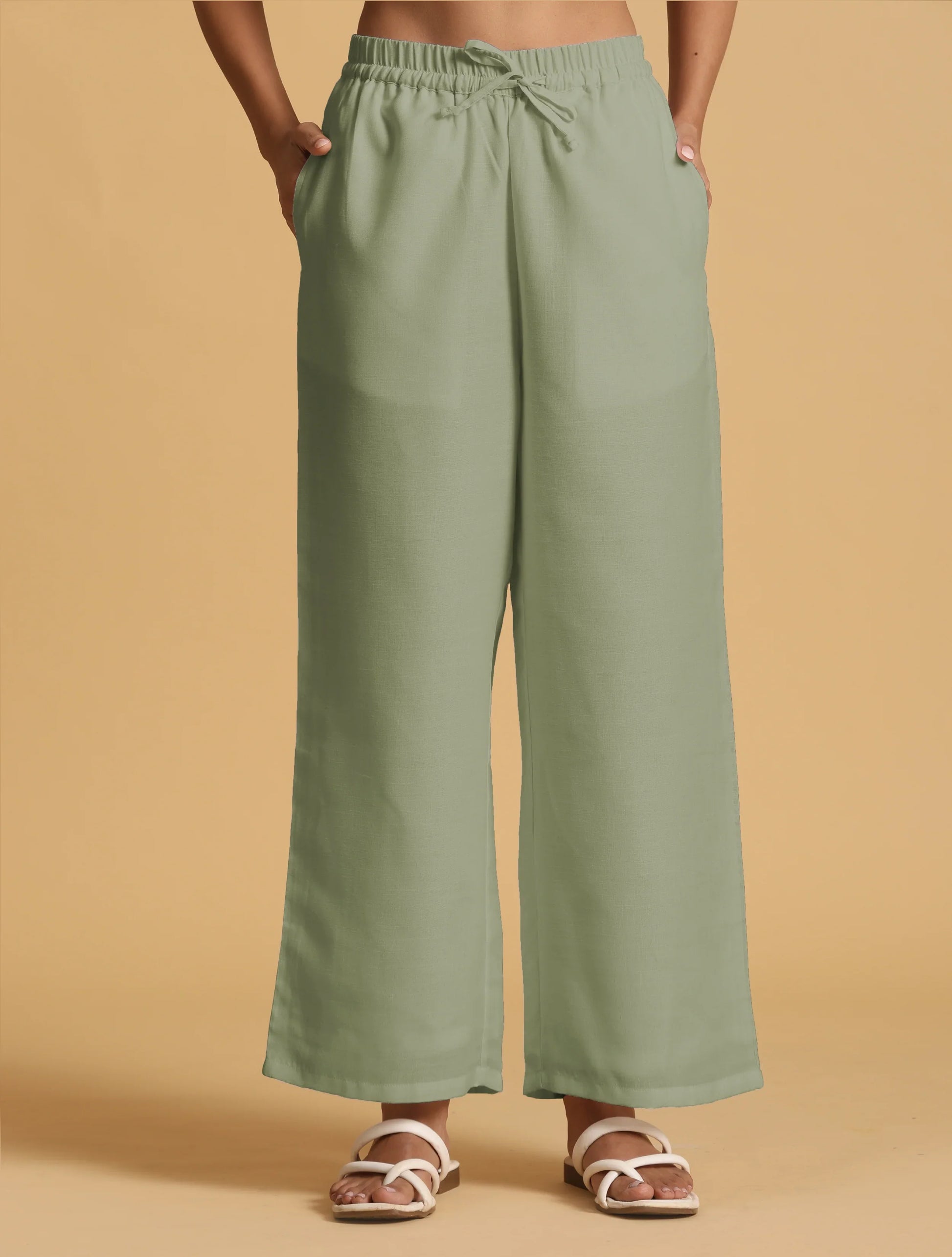 trueBrowns Mint Green Cotton Blend Elasticated Drawstring Straight Pants | Swadesiicart