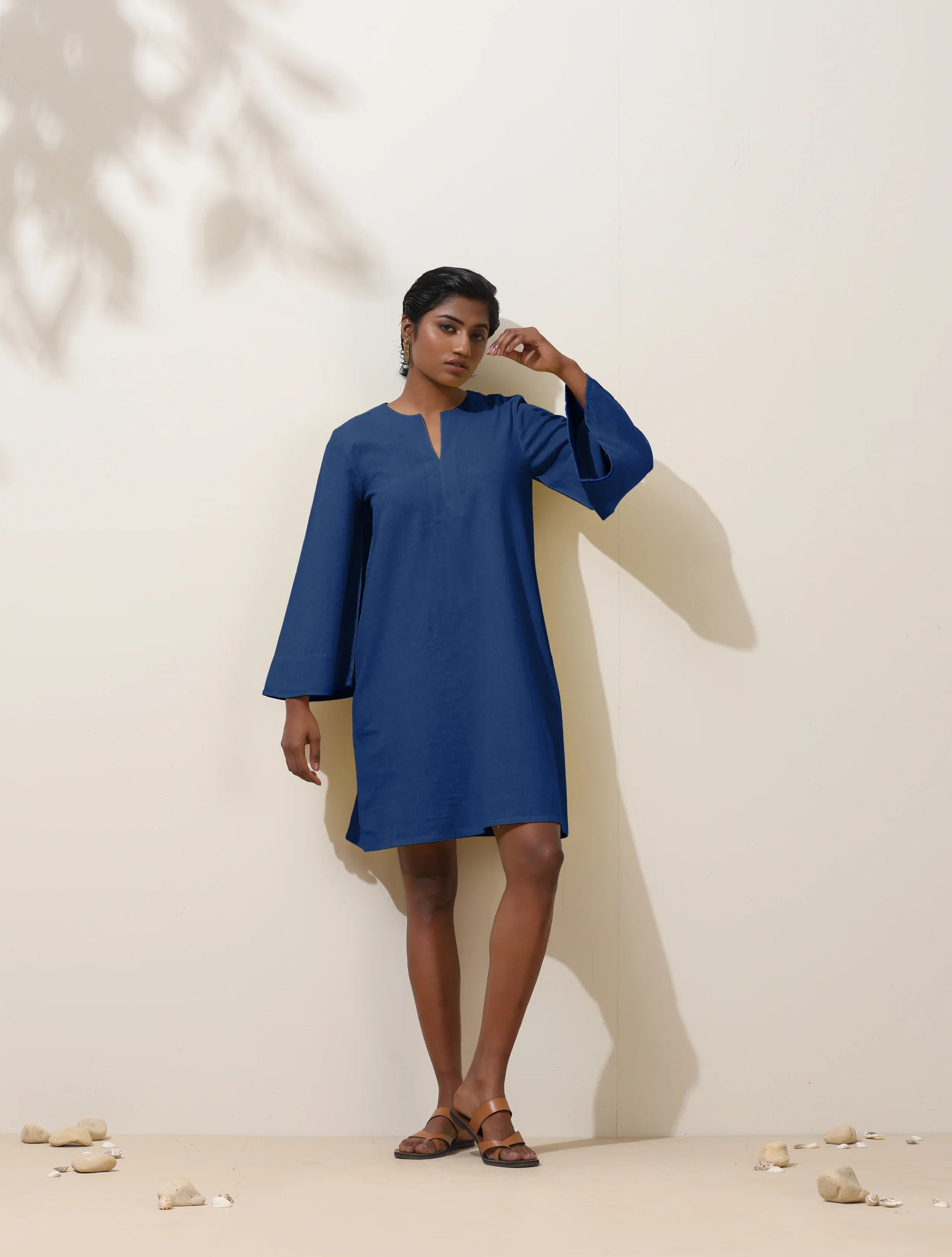trueBrowns Blue Cotton Blend Short Dress | Swadesiicart