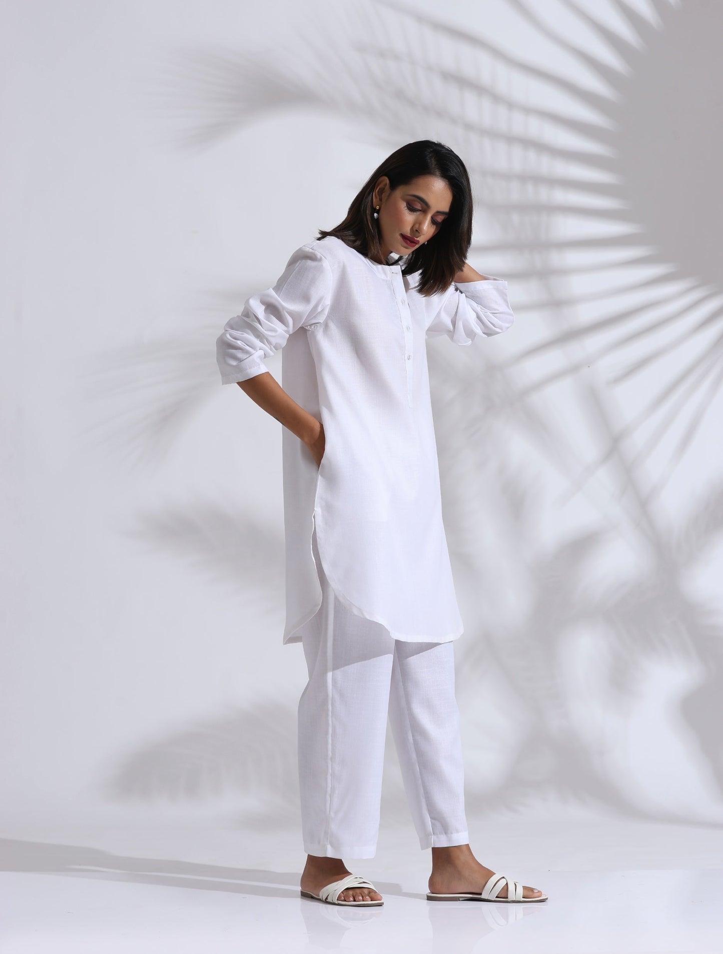trueBrowns White Slub Kurta Co-ord Set - Swadesiicart