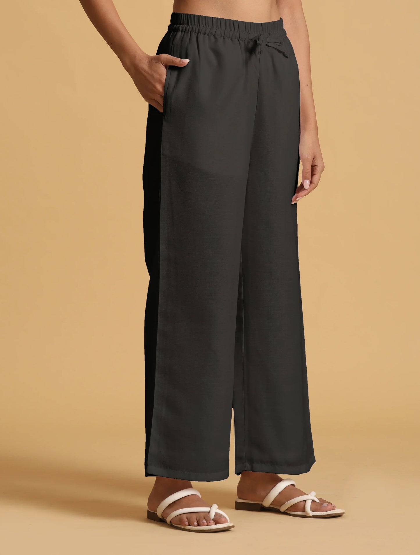 trueBrowns Black Cotton Blend Elasticated Drawstring Straight Pants | Swadesiicart
