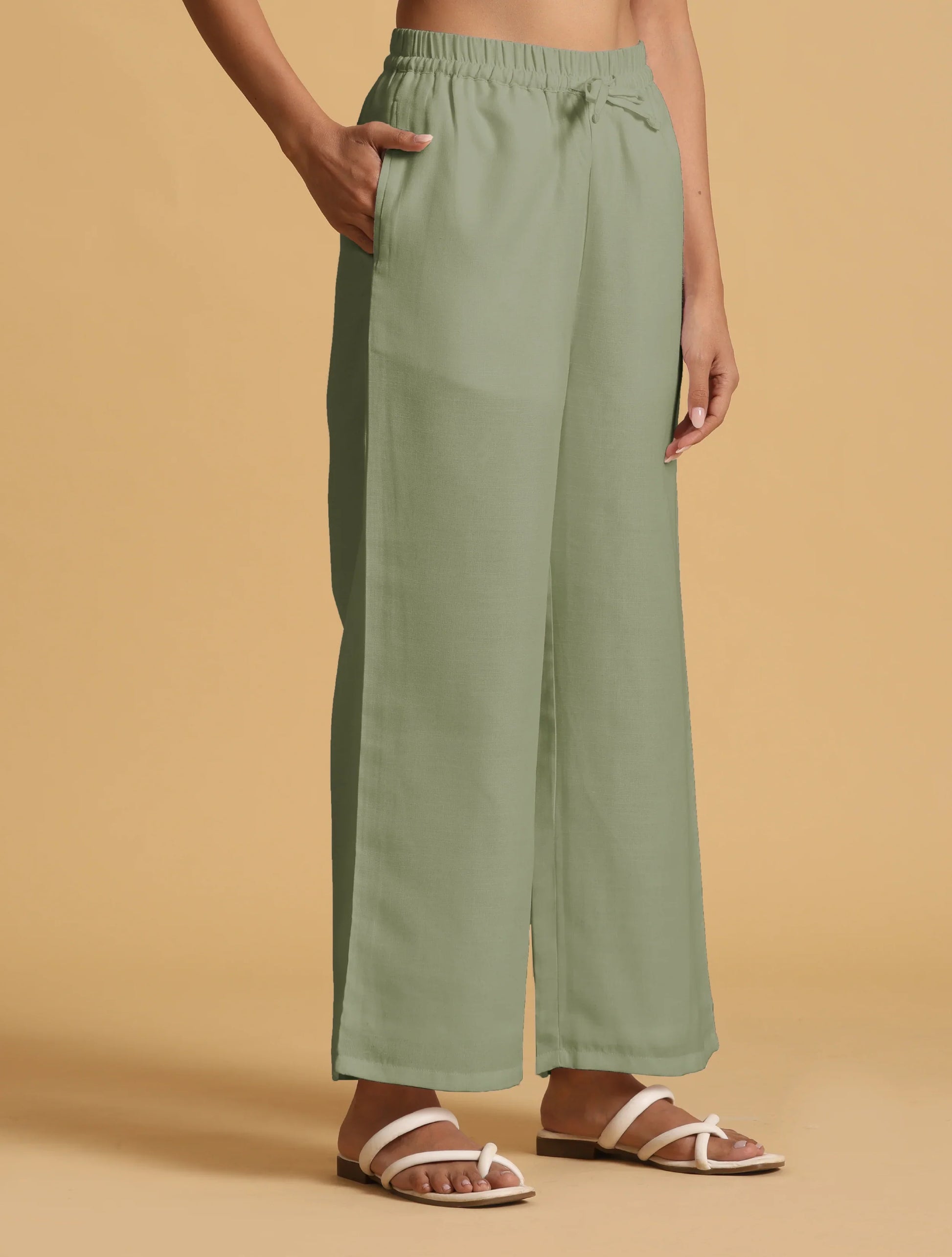 trueBrowns Mint Green Cotton Blend Elasticated Drawstring Straight Pants | Swadesiicart