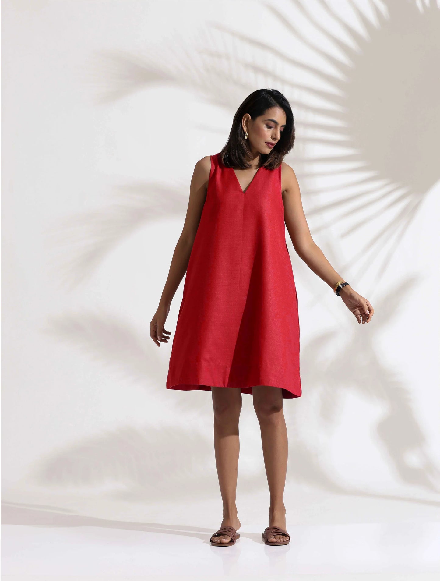 trueBrowns Red Cotton Blend Short Dress | Swadesiicart