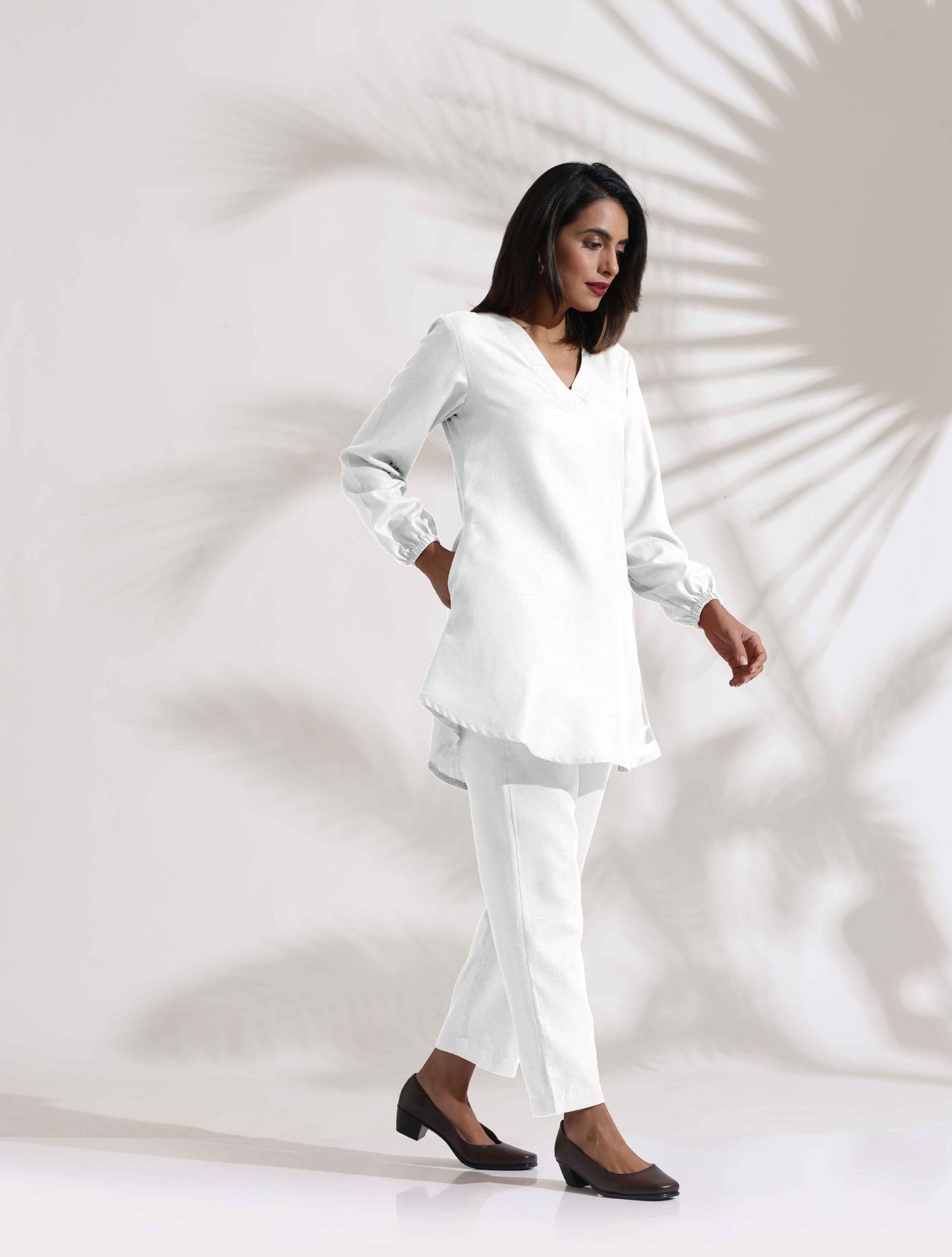 trueBrowns White Cotton Blend Co-ord Set - Swadesiicart
