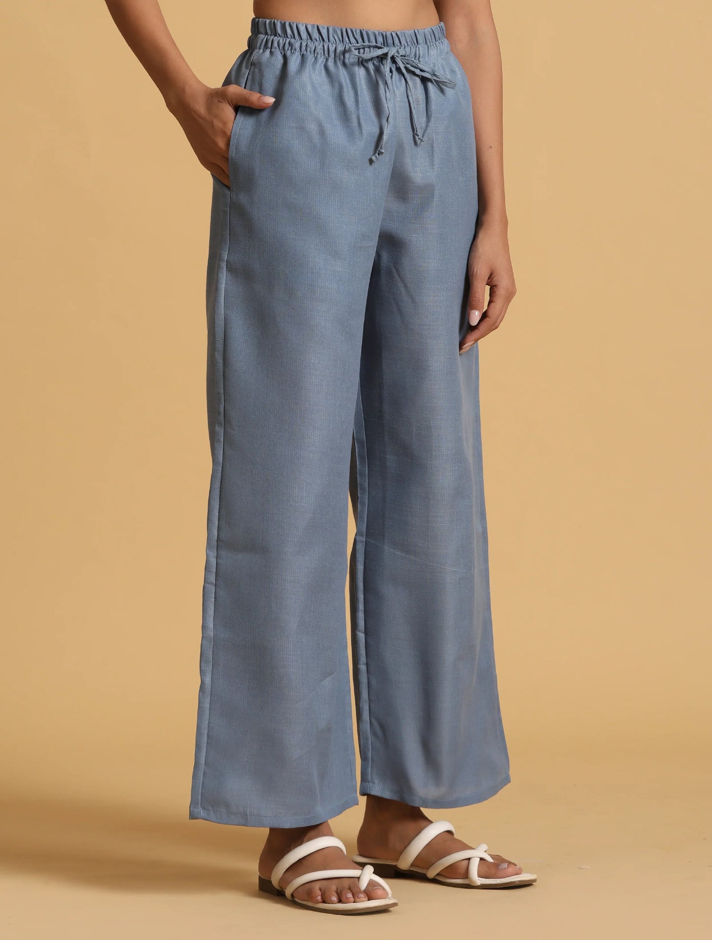 trueBrowns Blue Cotton Blend Elasticated Drawstring Straight Pants | Swadesiicart