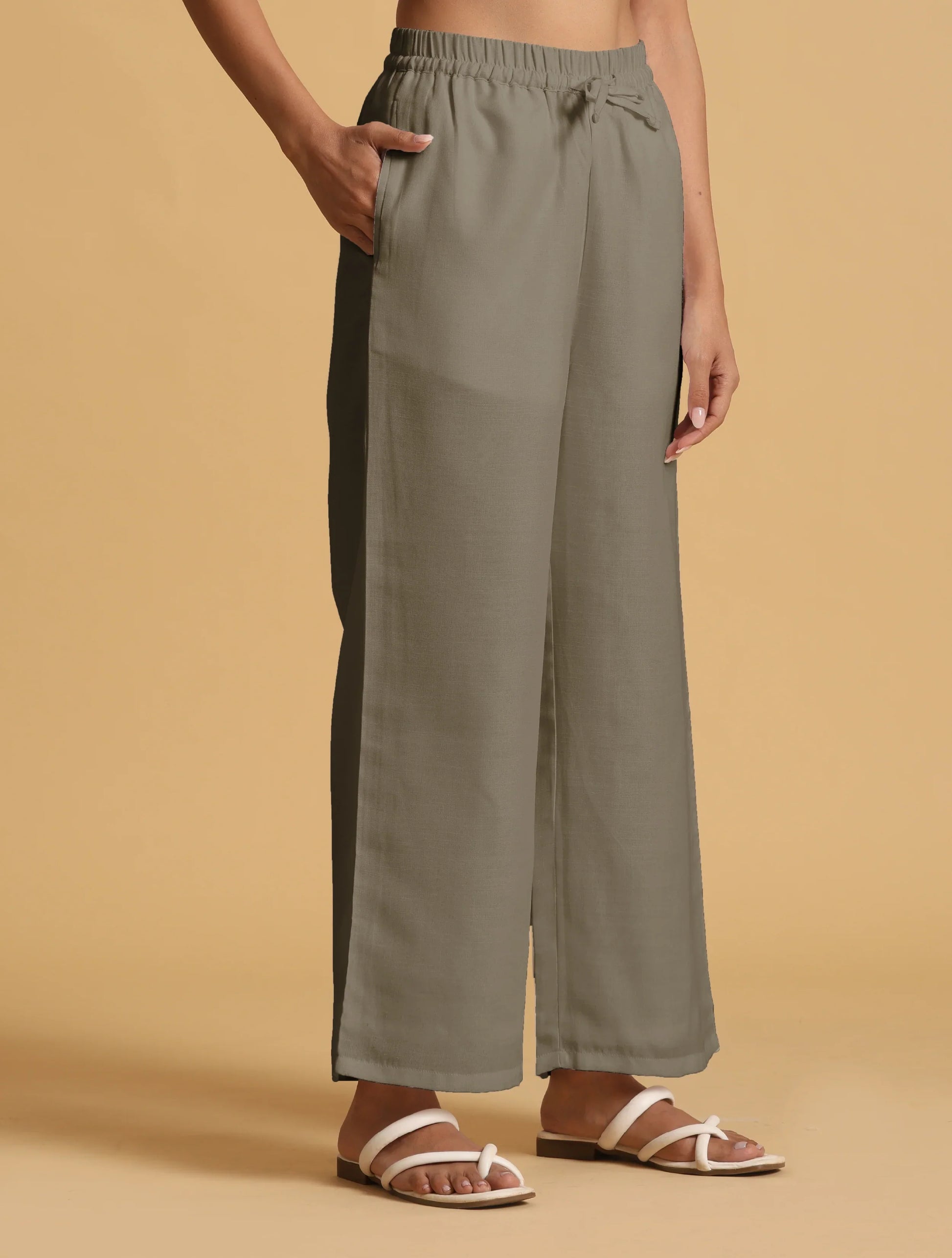 trueBrowns Olive Cotton Blend Elasticated Drawstring Straight Pants | Swadesiicart