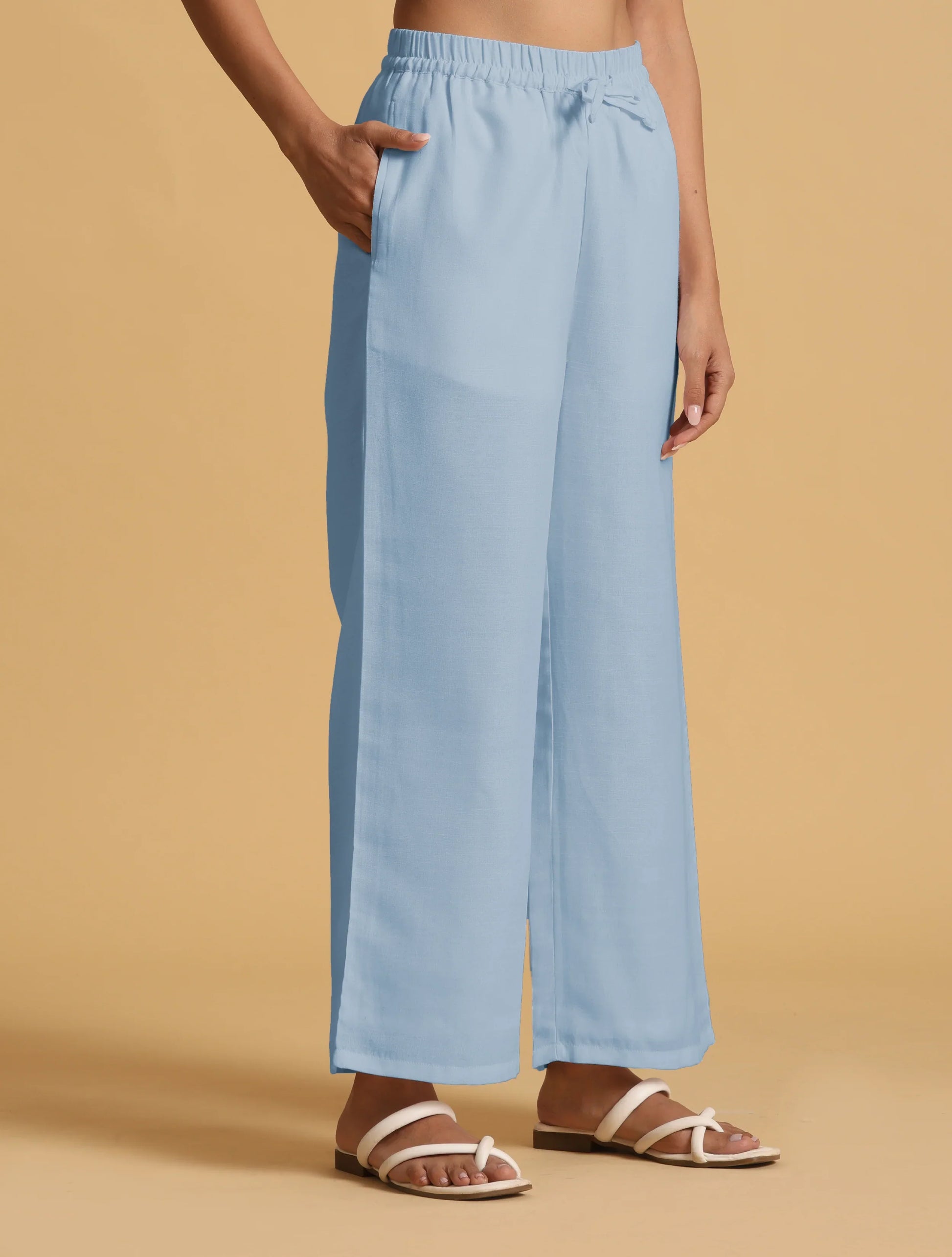trueBrowns Light Blue Cotton Blend Straight Drawstring Pants | Swadesiicart