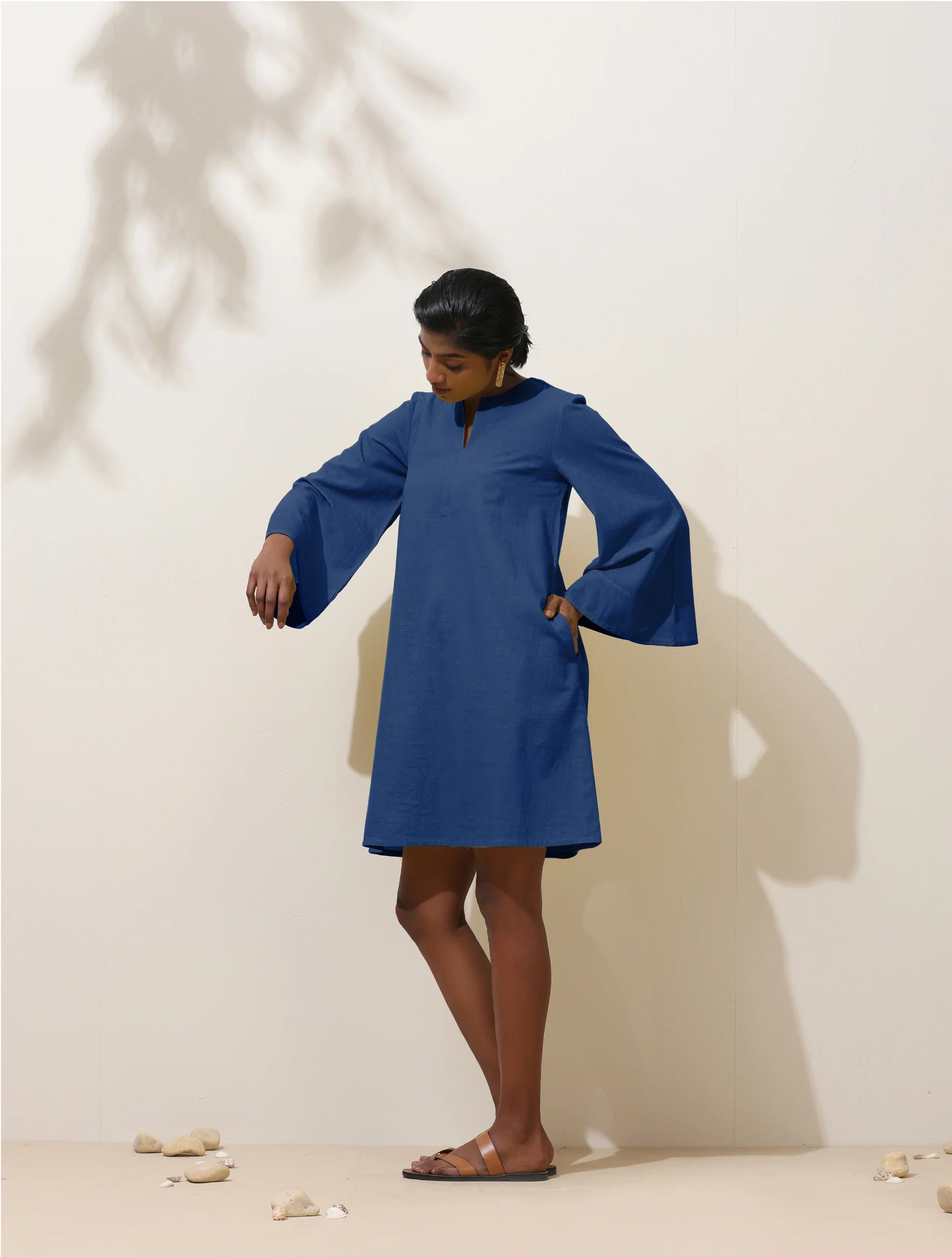 trueBrowns Blue Cotton Blend Short Dress | Swadesiicart