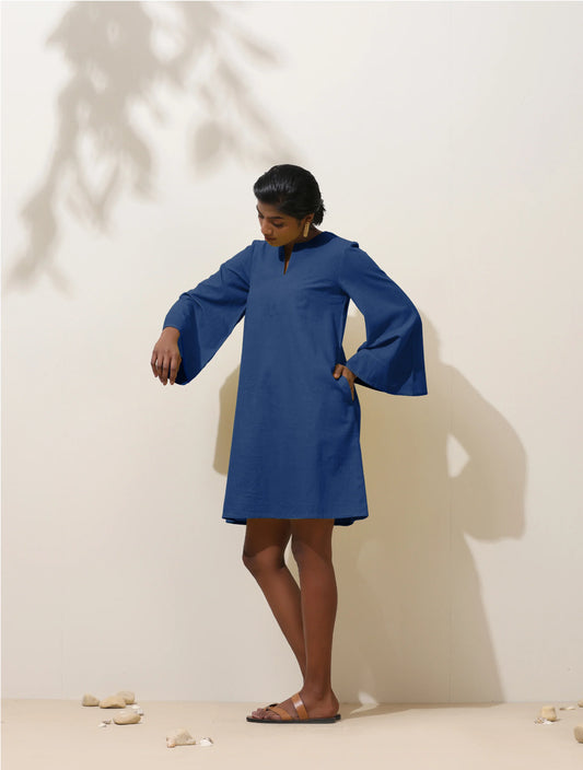 trueBrowns Blue Cotton Blend Short Dress | Swadesiicart