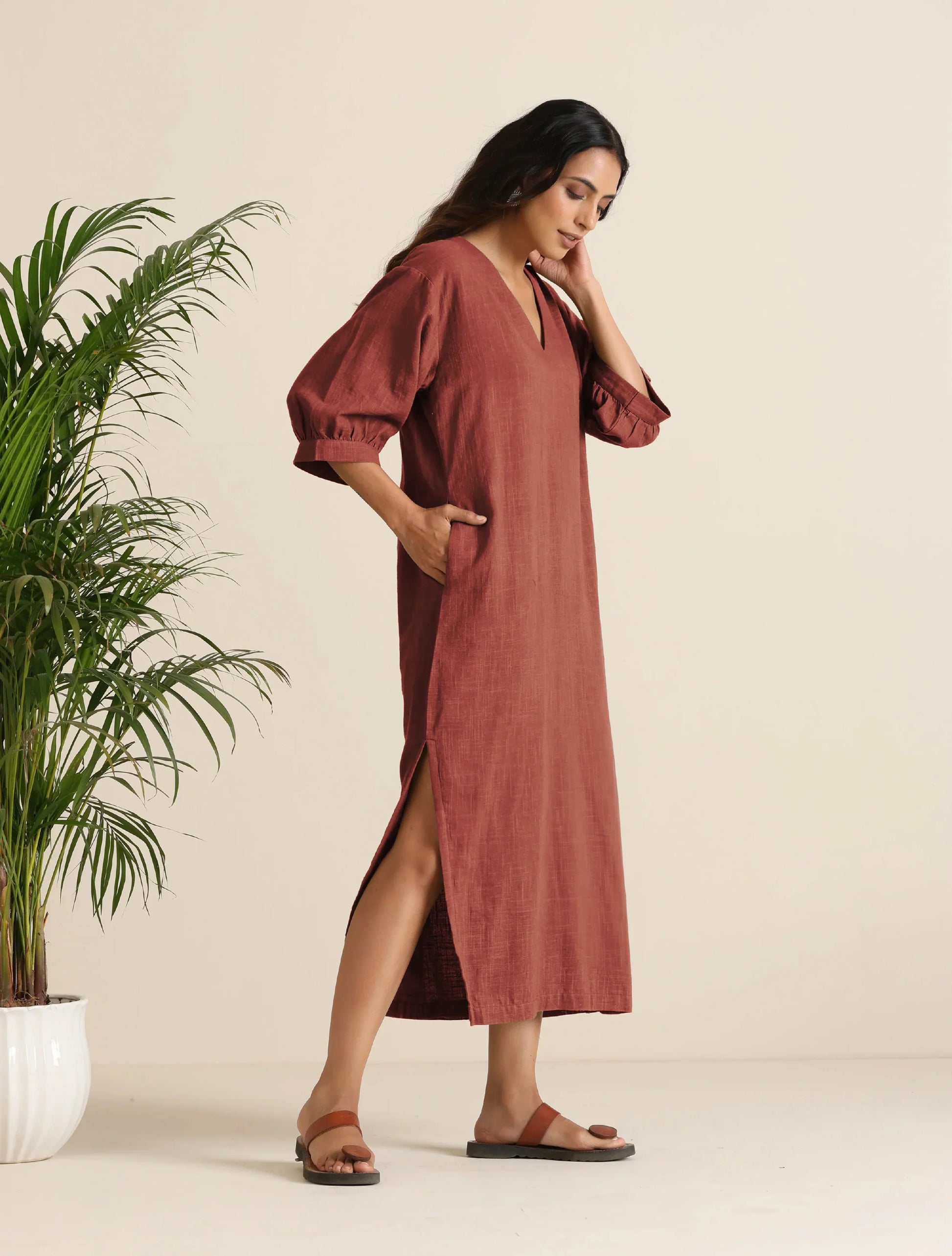 trueBrowns Rust Pink Cotton Blend Long Dress | Swadesiicart
