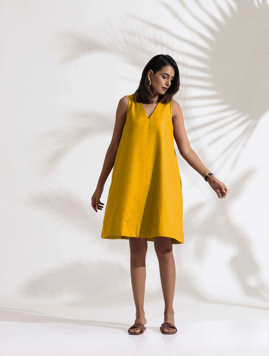 trueBrowns Mustard Cotton Blend Short Dress | Swadesiicart