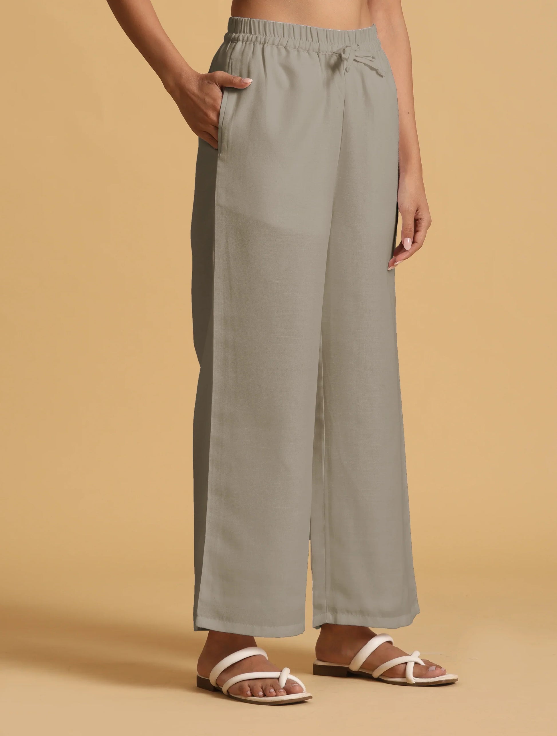 trueBrowns Grey Cotton Blend Elasticated Drawstring Straight Pants | Swadesiicart